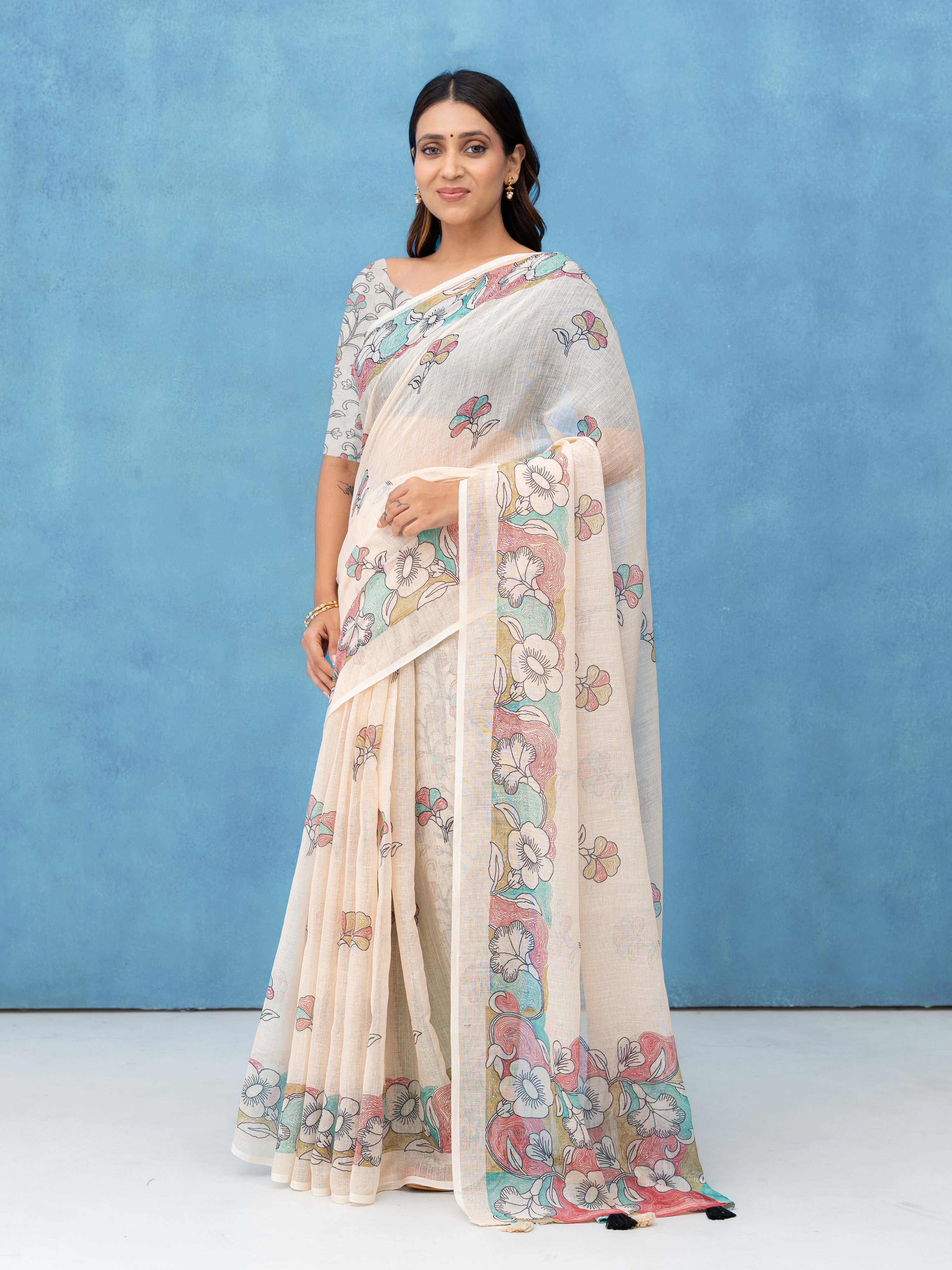 Off-White Cotton Linen Saree