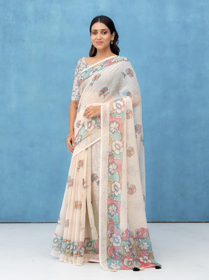 Off-White Cotton Linen Saree