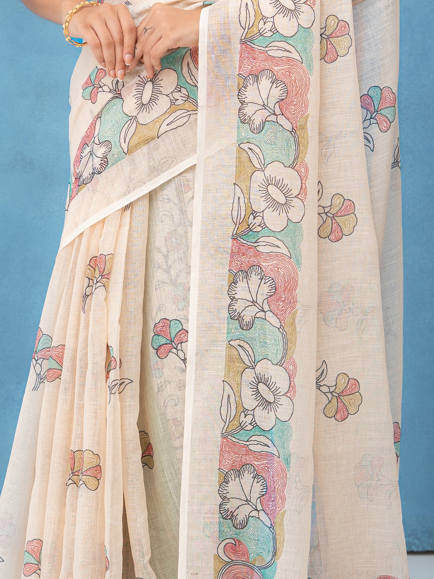 Off-White Cotton Linen Saree