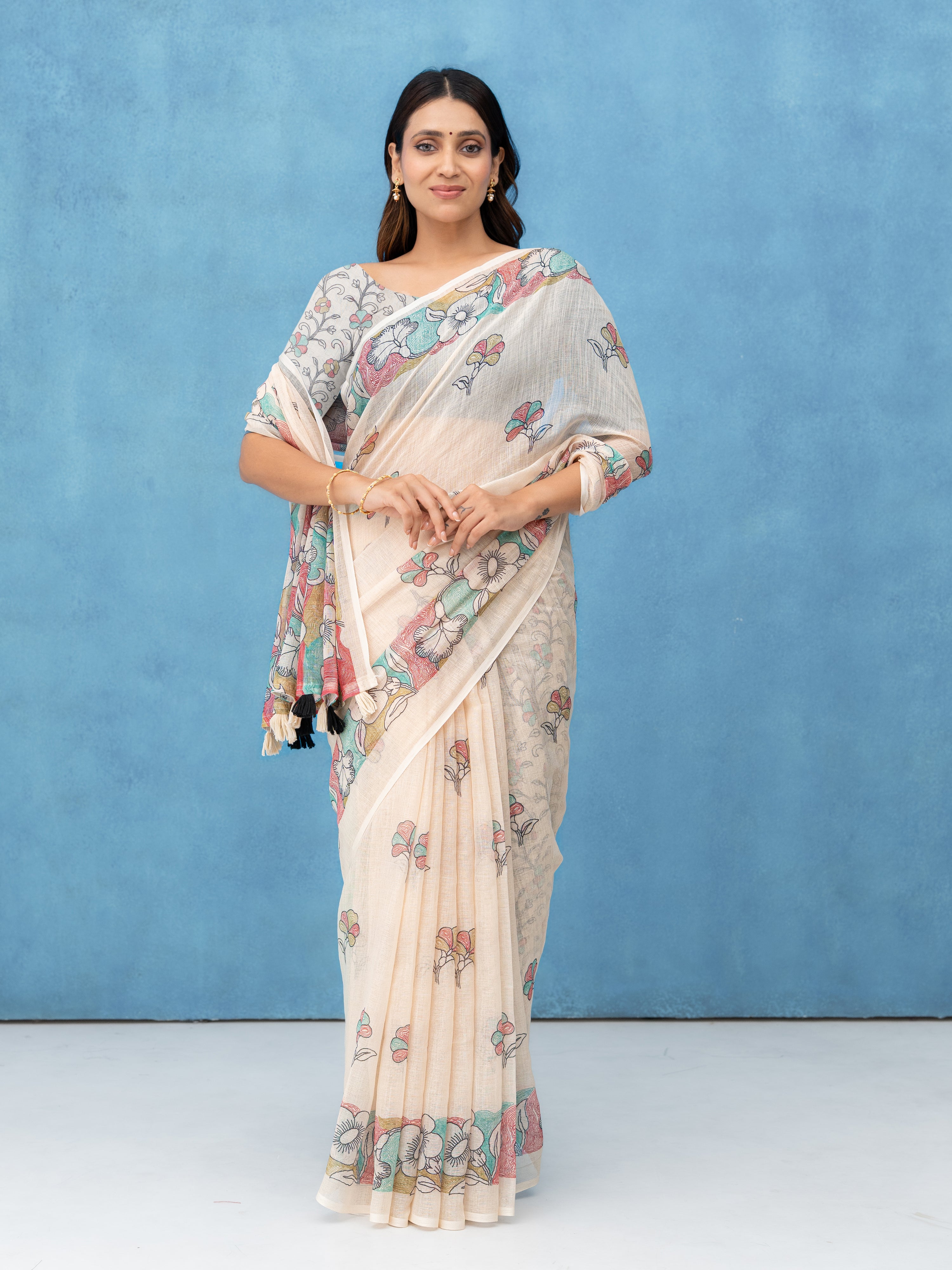 Off-White Cotton Linen Saree