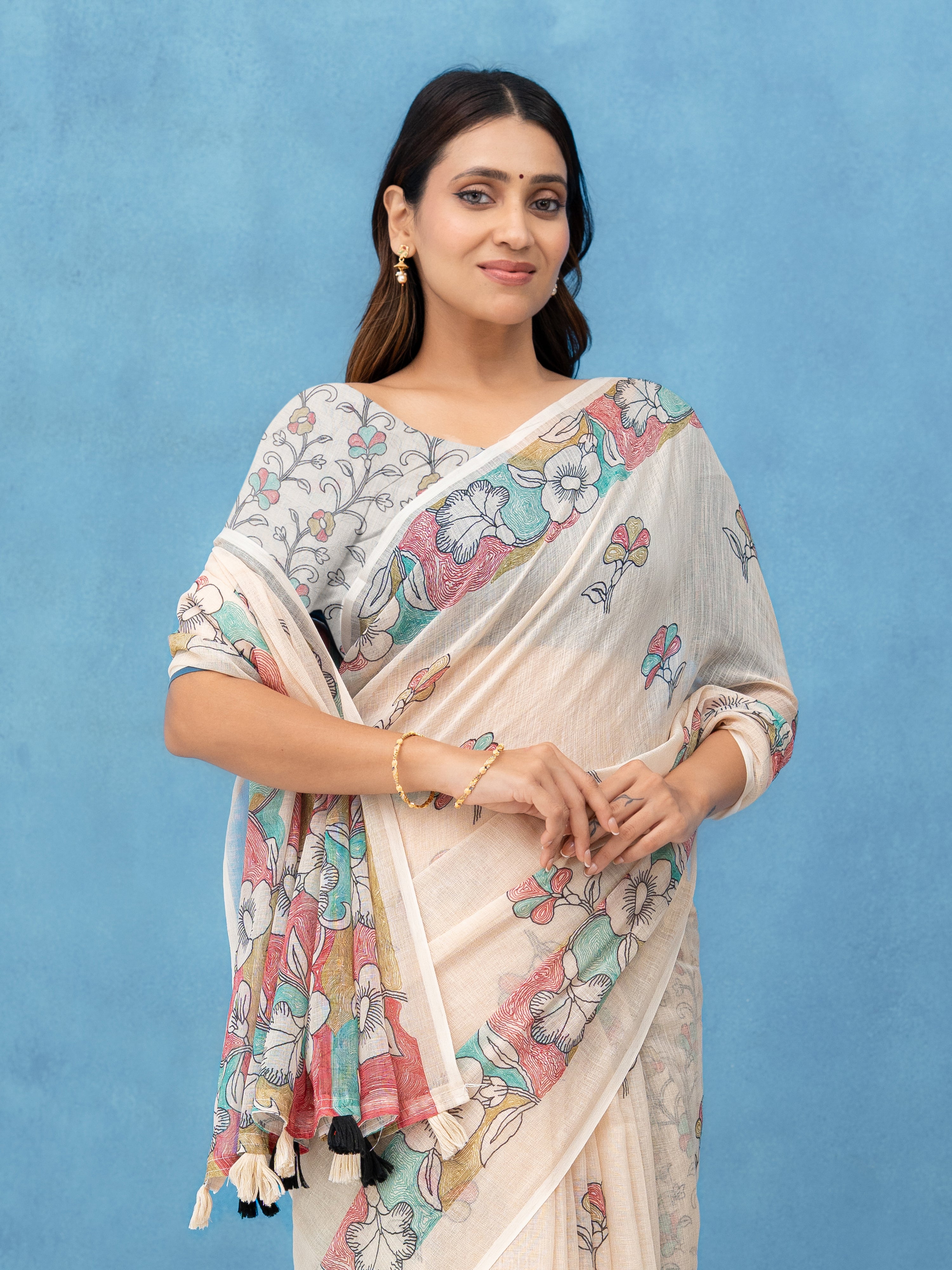 Off-White Cotton Linen Saree