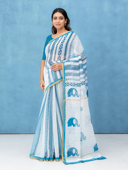 White Cotton Linen Saree