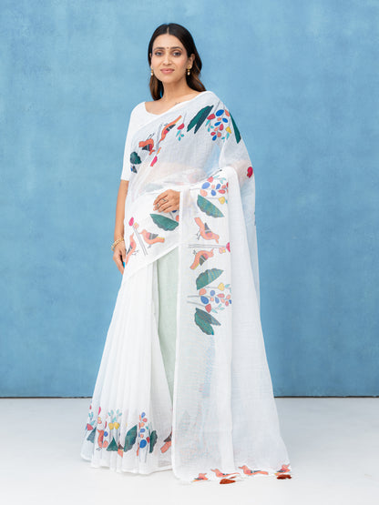 White Cotton Linen Saree