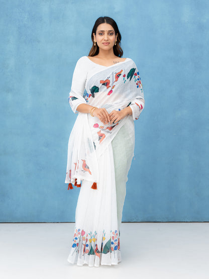White Cotton Linen Saree