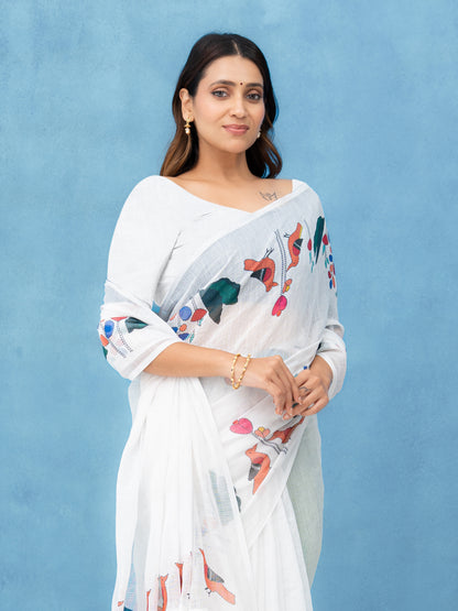 White Cotton Linen Saree
