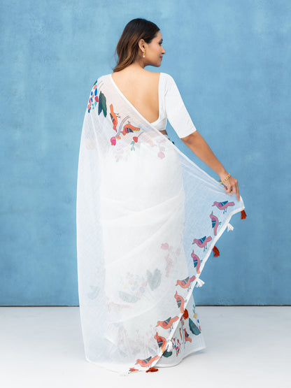 White Cotton Linen Saree