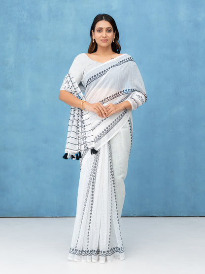White &amp; Black Cotton Linen Saree