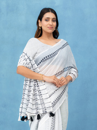 White &amp; Black Cotton Linen Saree
