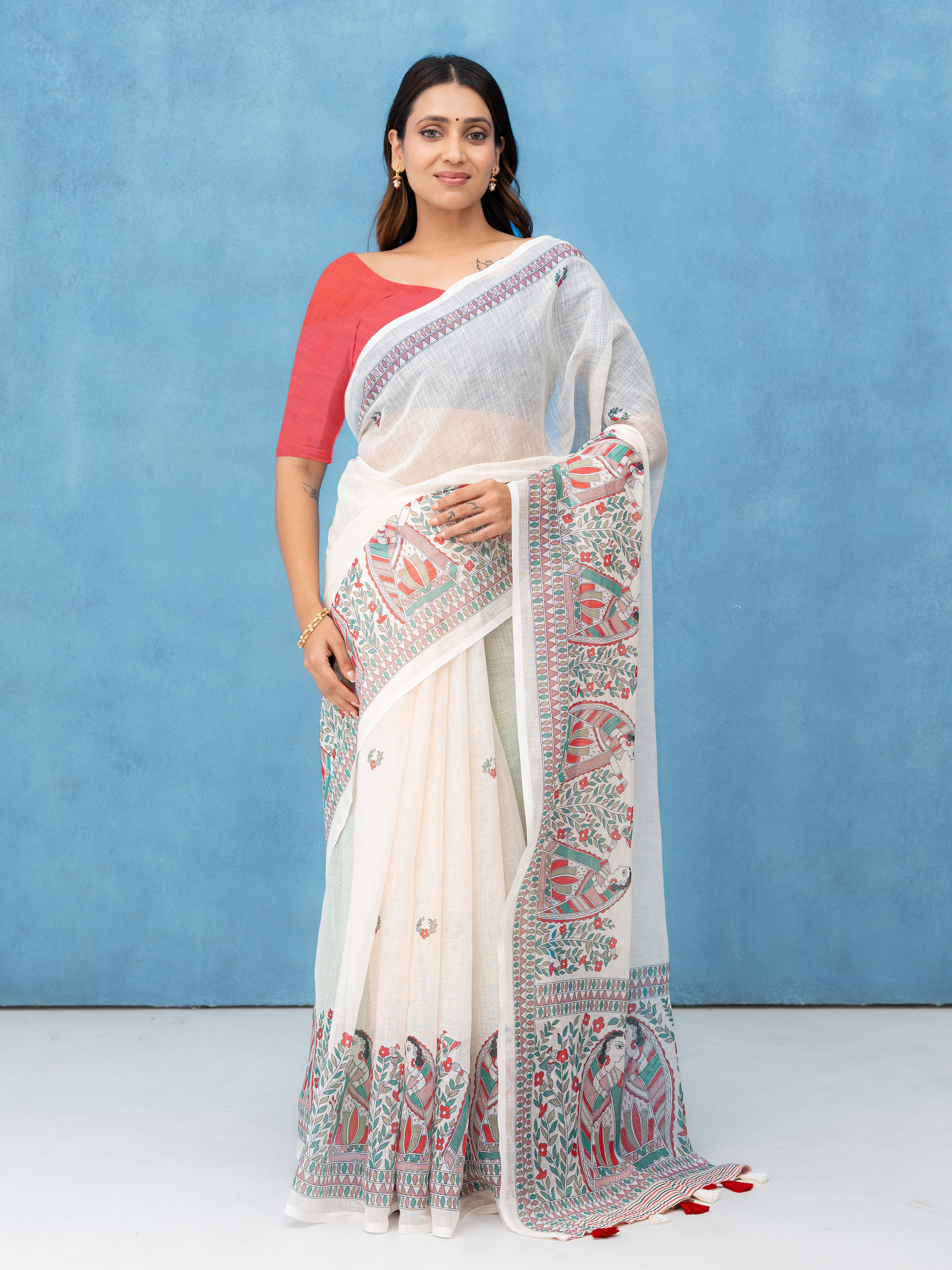 Off-White Cotton Linen Saree