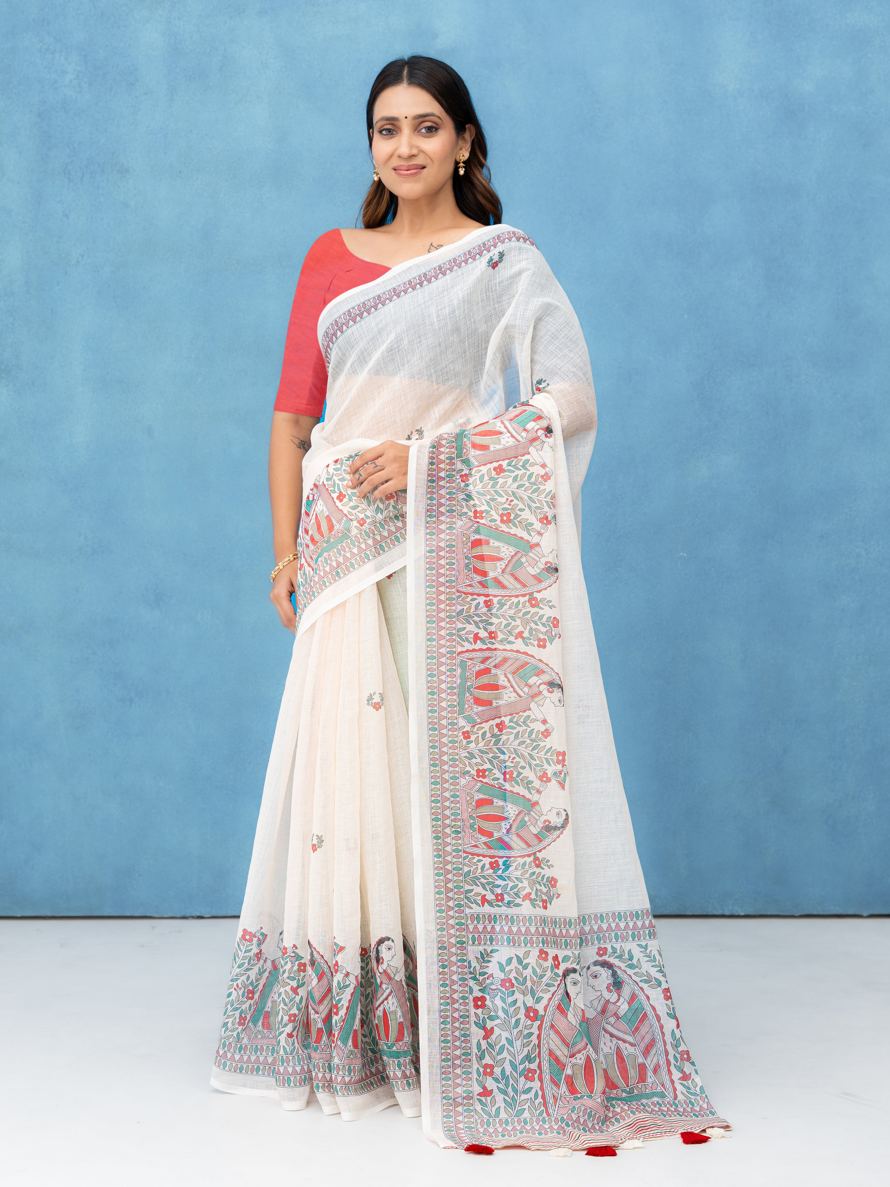 Off-White Cotton Linen Saree