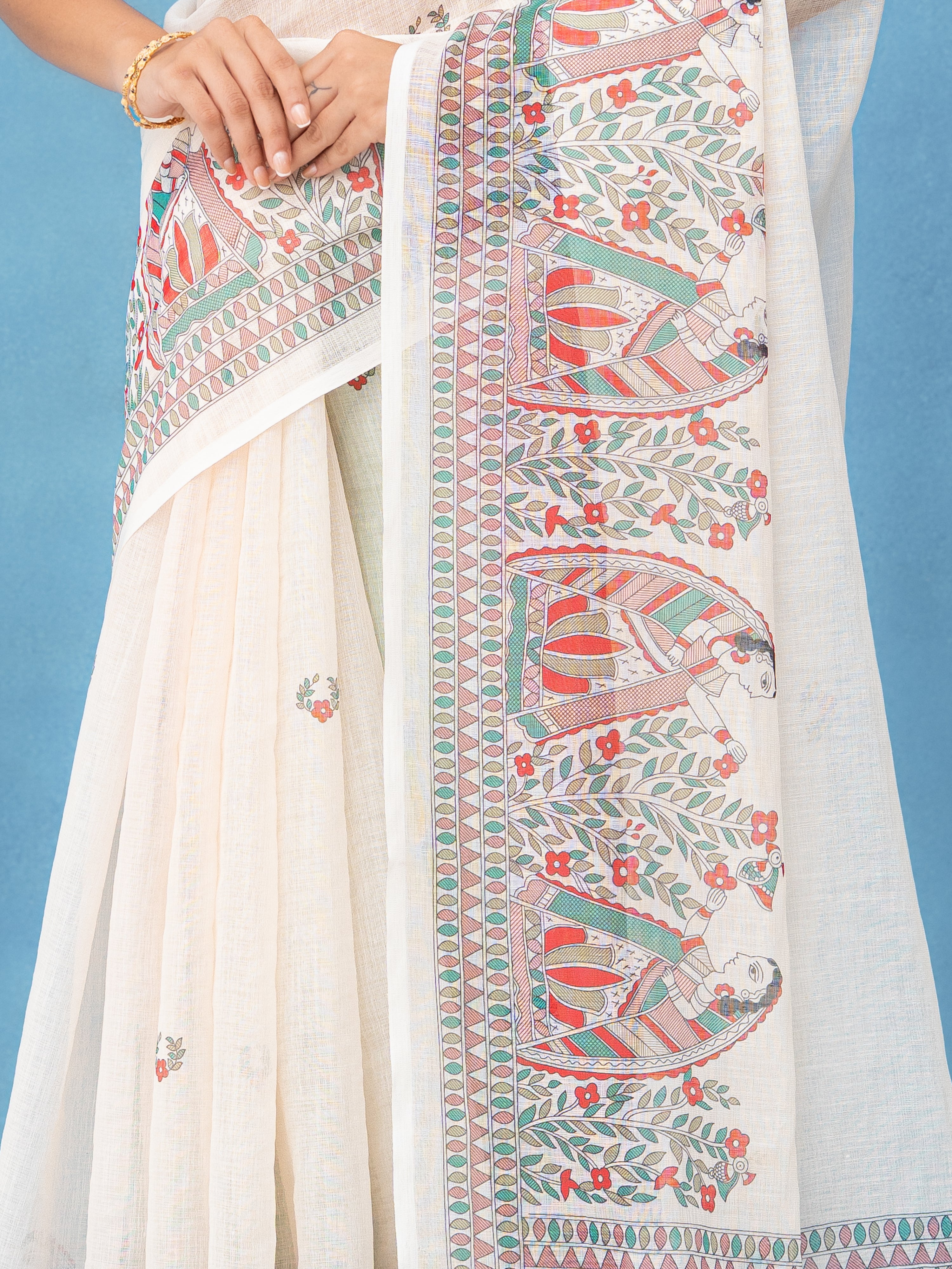 Off-White Cotton Linen Saree