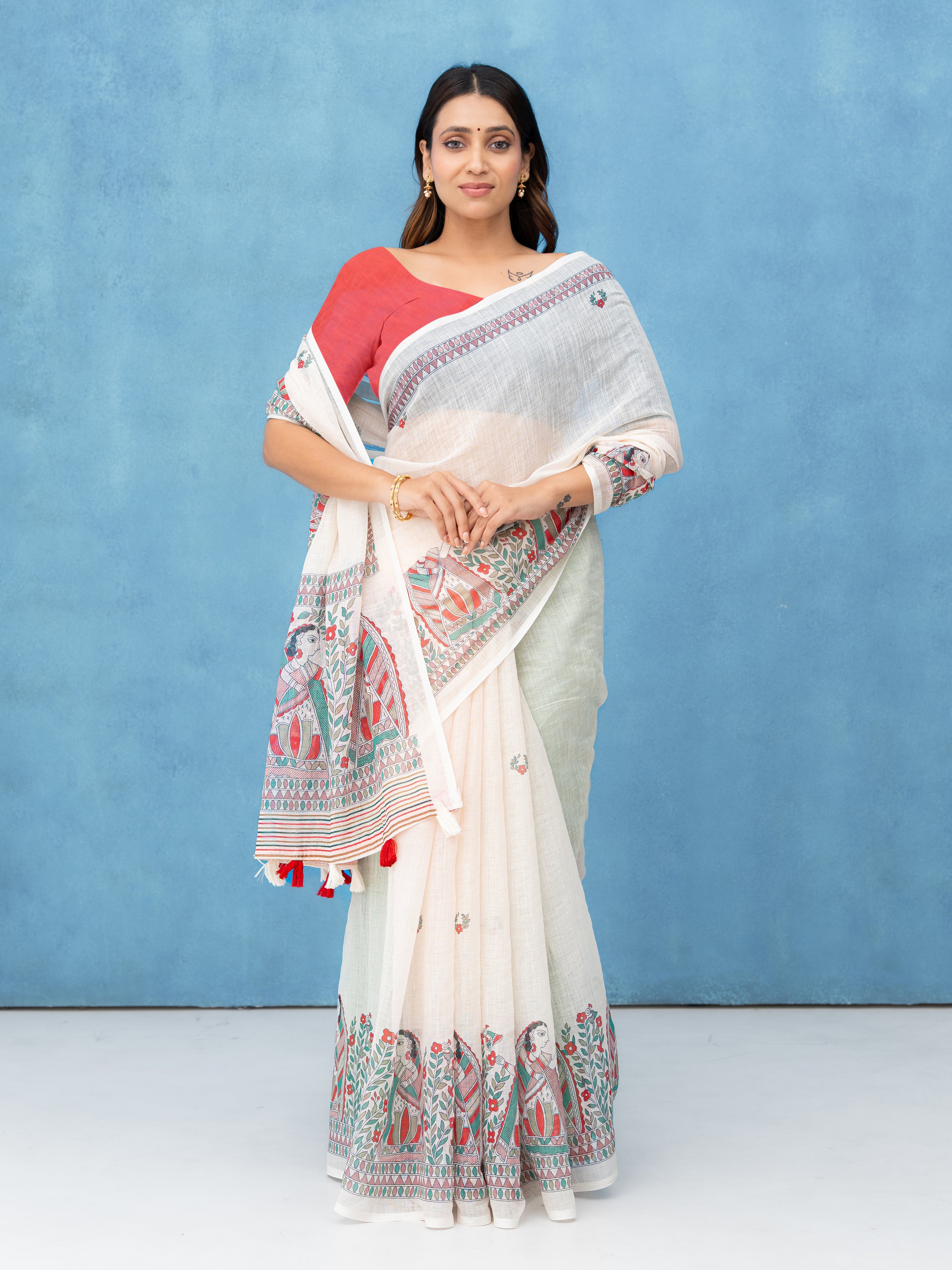 Off-White Cotton Linen Saree