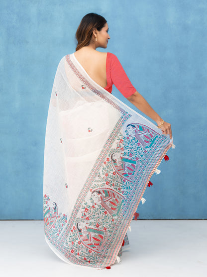 Off-White Cotton Linen Saree
