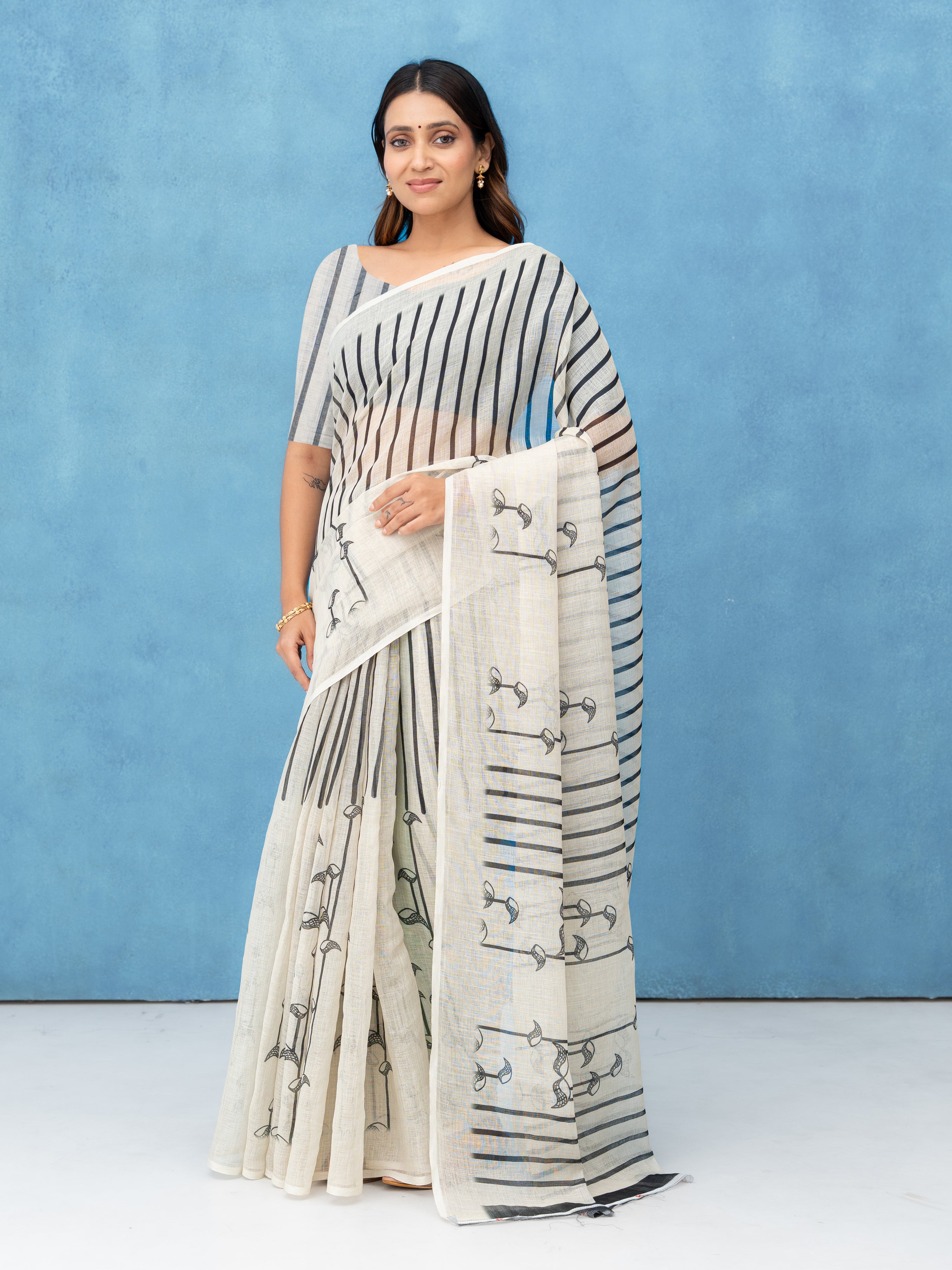 Off-White Cotton Linen Saree