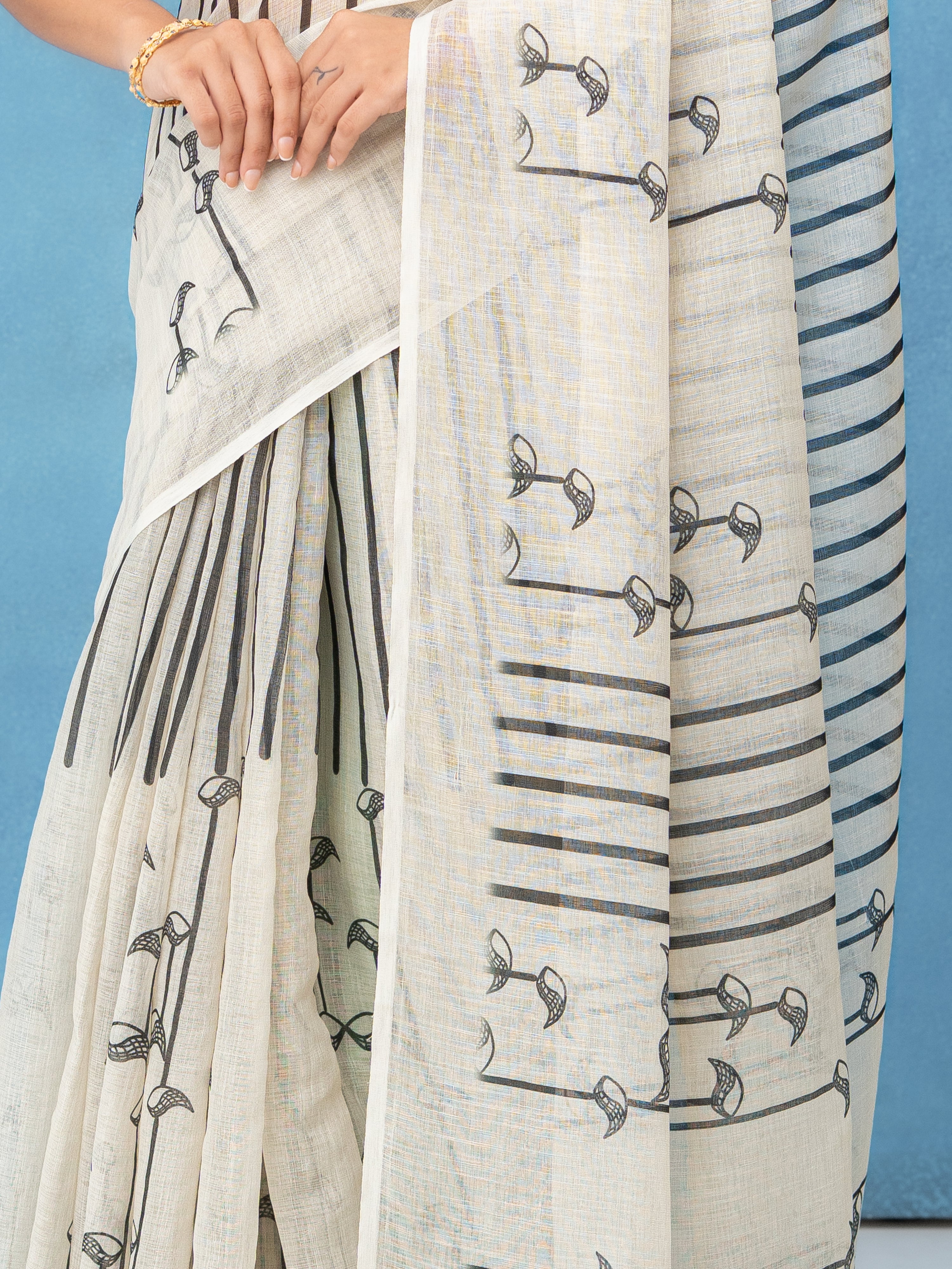 Off-White Cotton Linen Saree