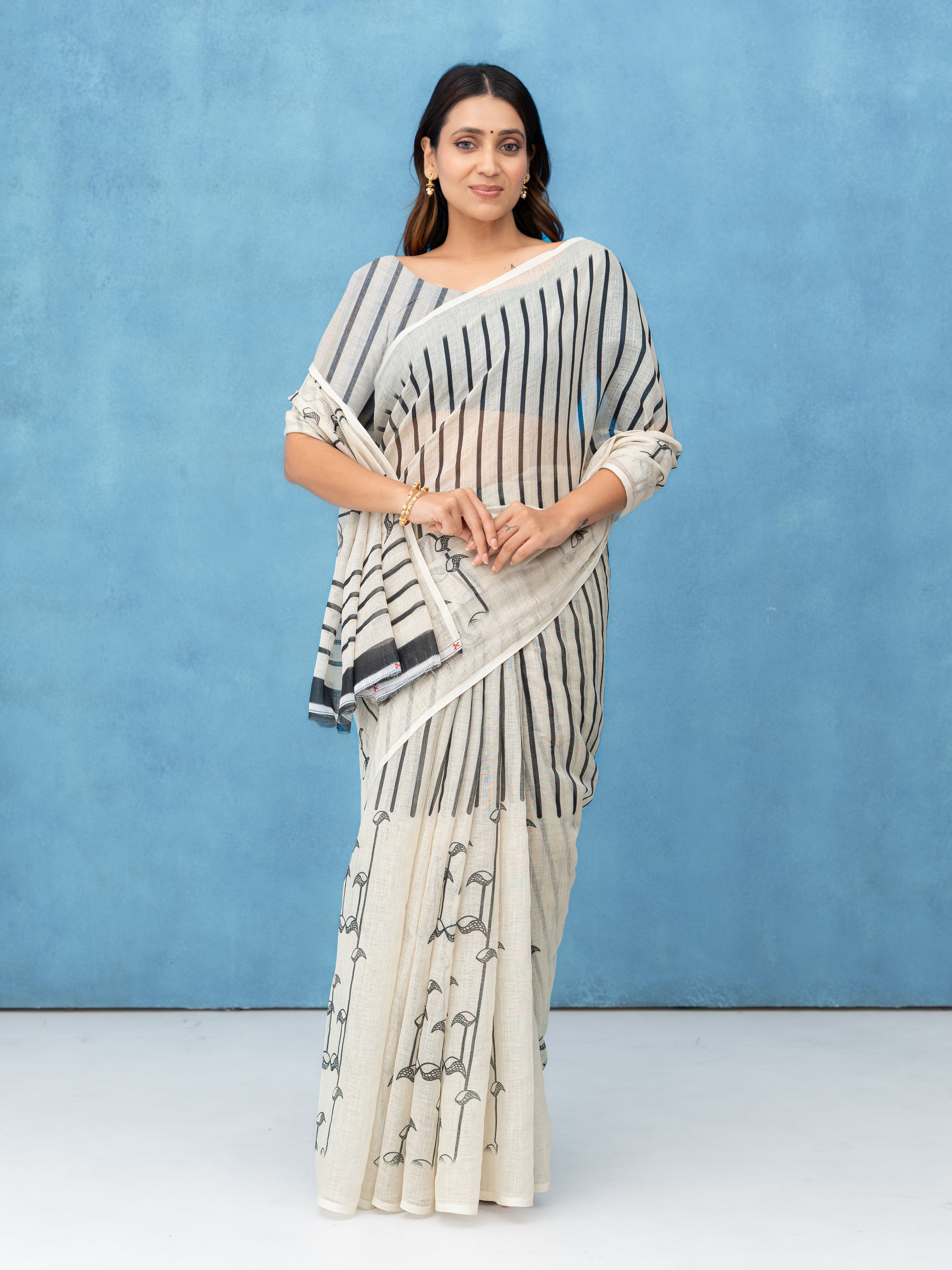 Off-White Cotton Linen Saree