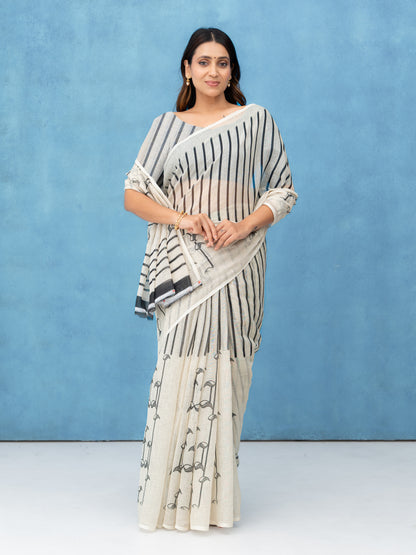 Off-White Cotton Linen Saree
