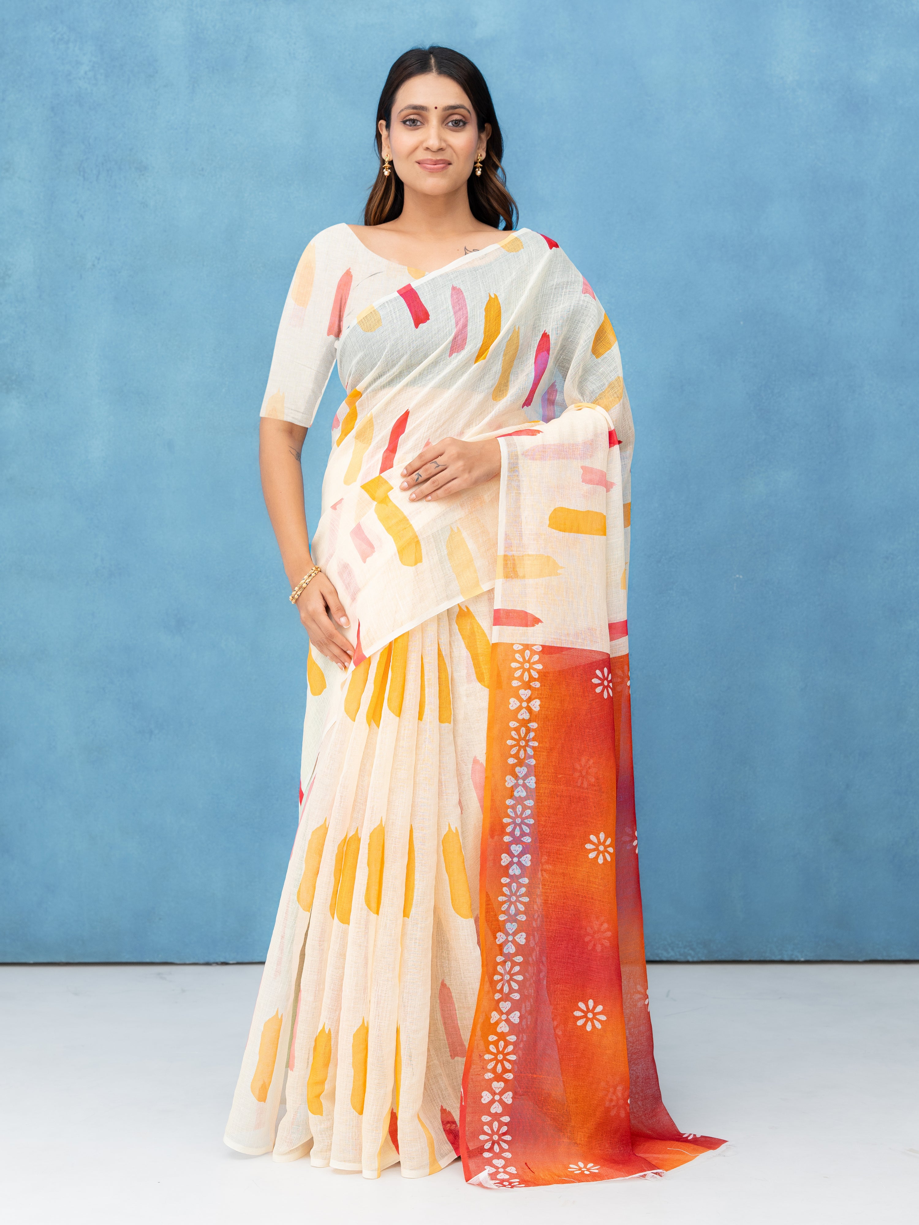 Off-White Cotton Linen Saree