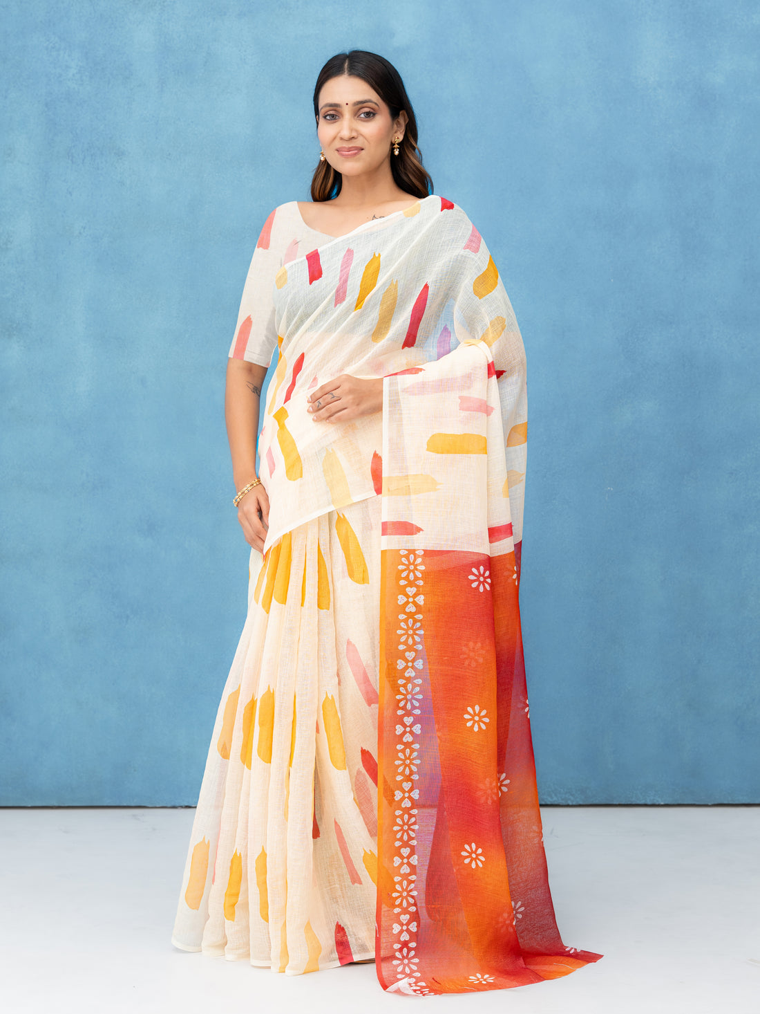 Off-White Cotton Linen Saree
