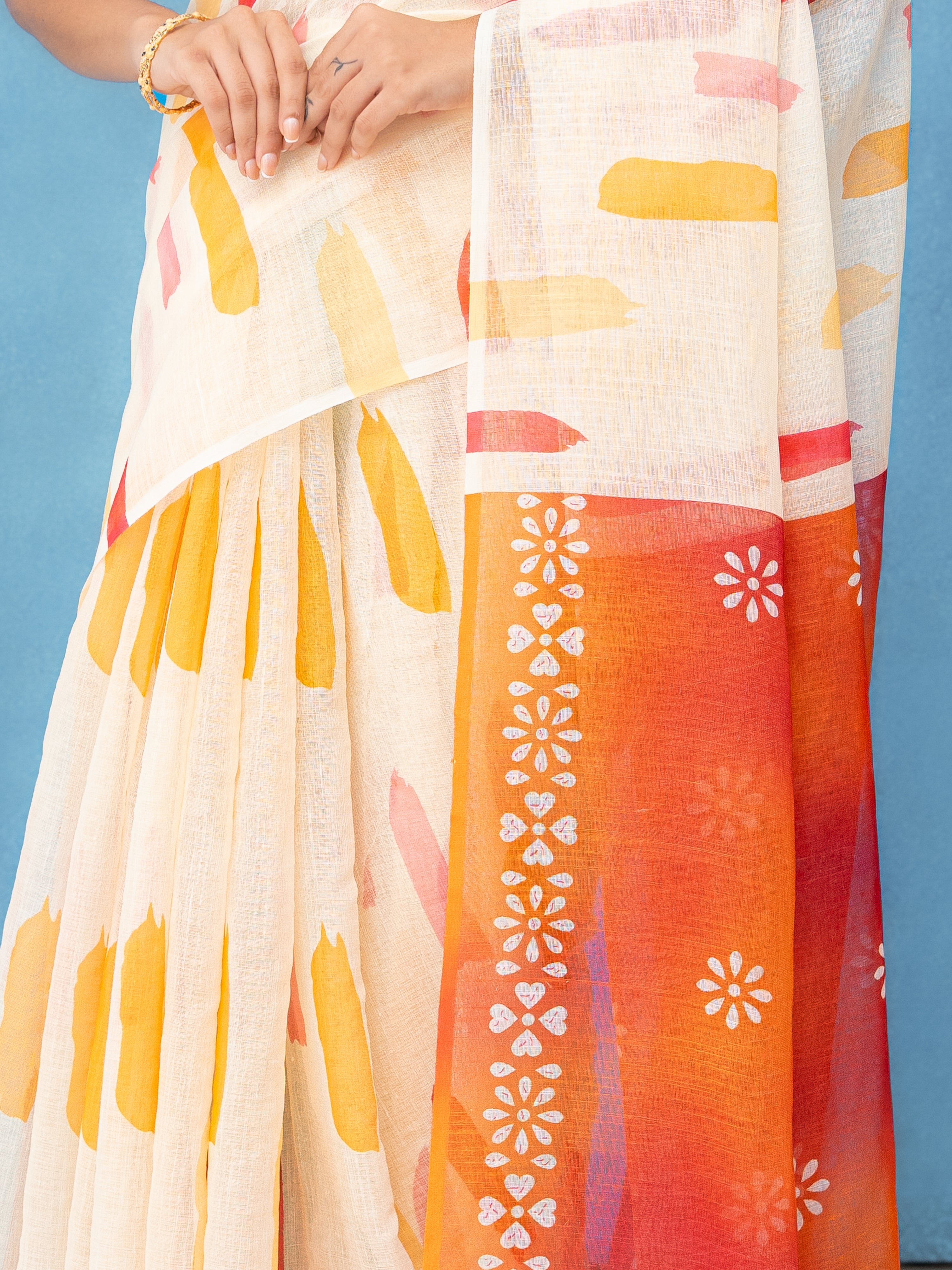 Off-White Cotton Linen Saree