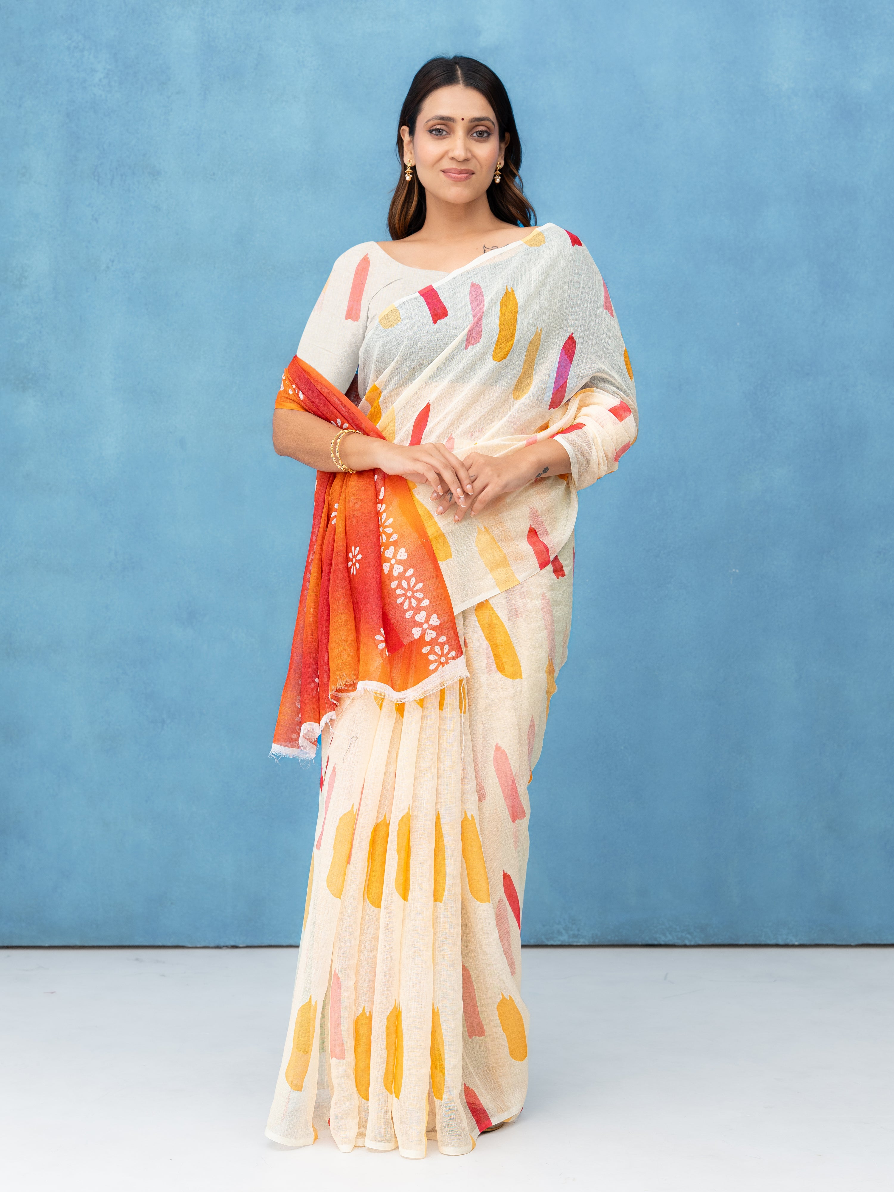 Off-White Cotton Linen Saree