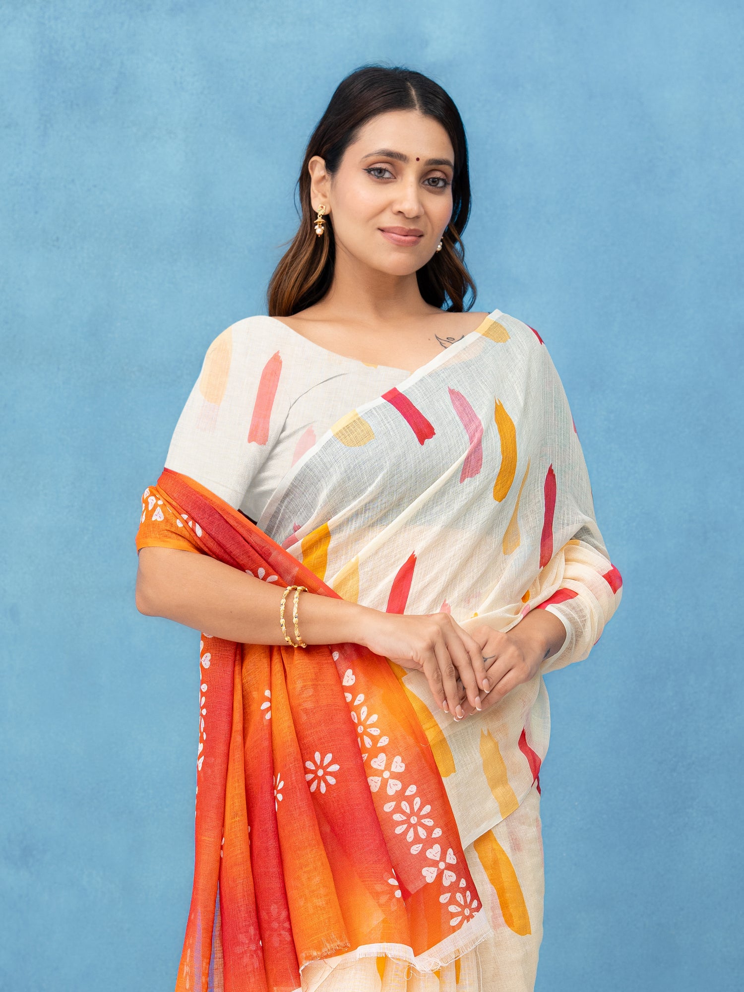Off-White Cotton Linen Saree