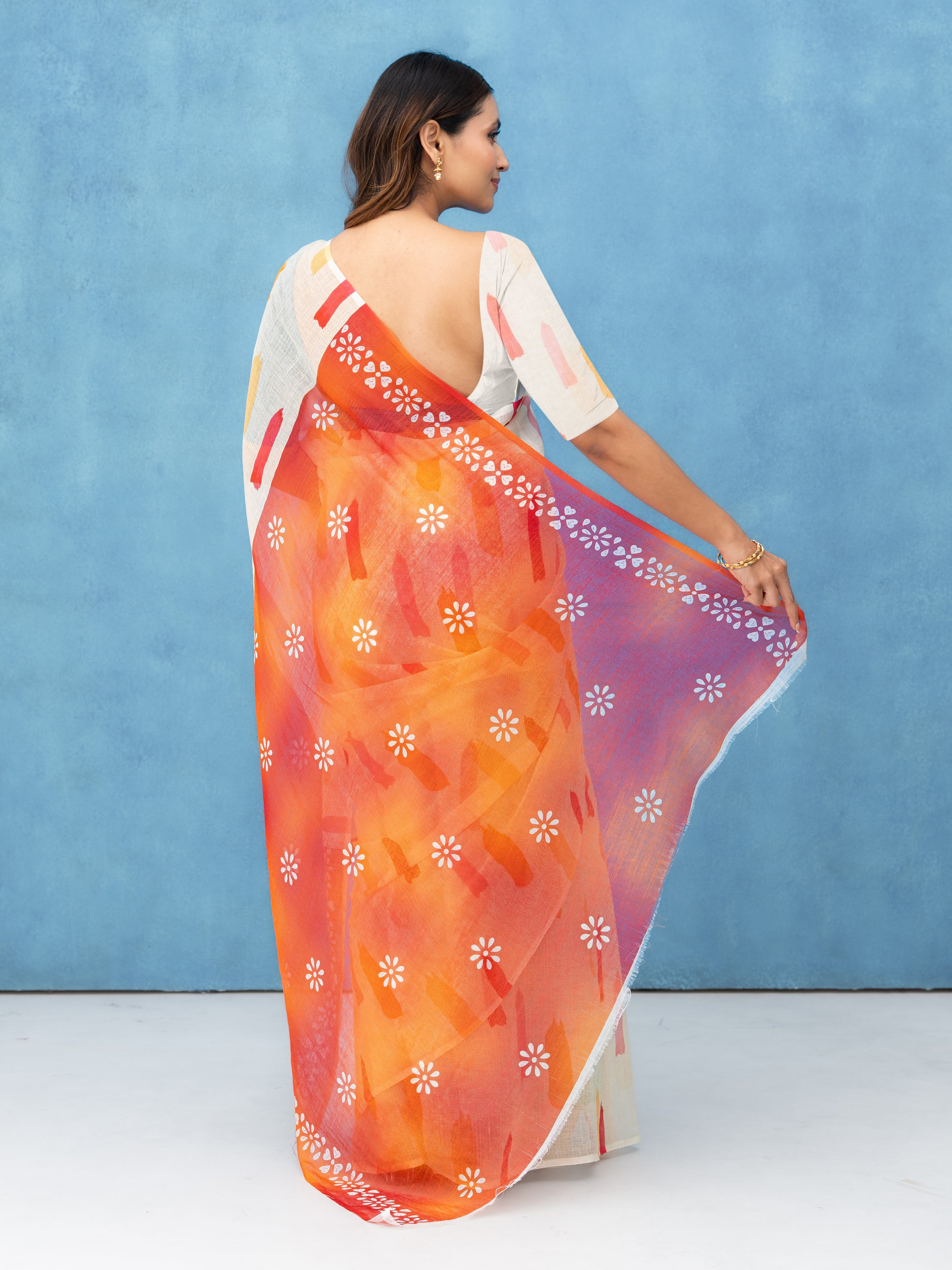 Off-White Cotton Linen Saree