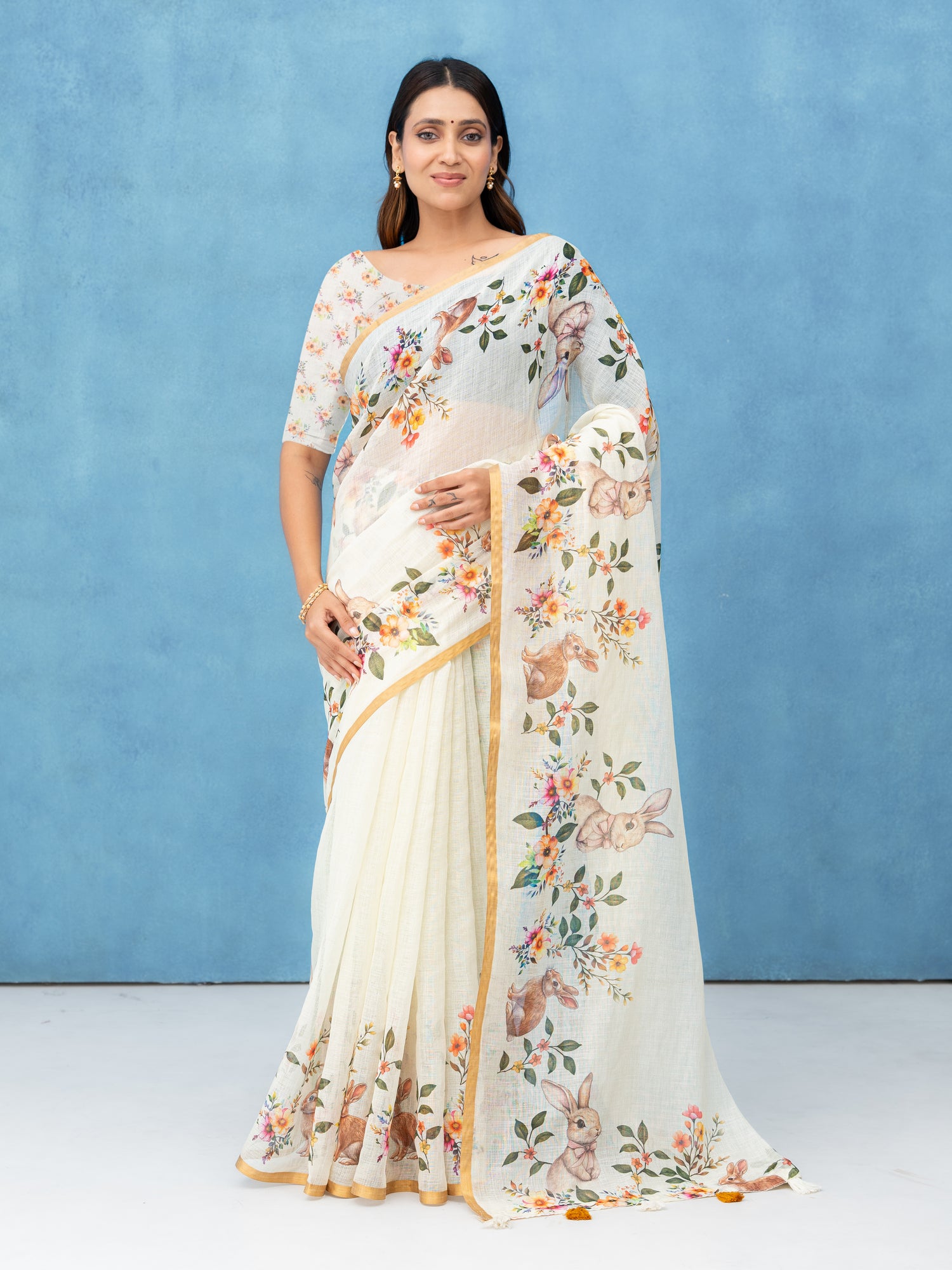 Off-White Cotton Linen Saree