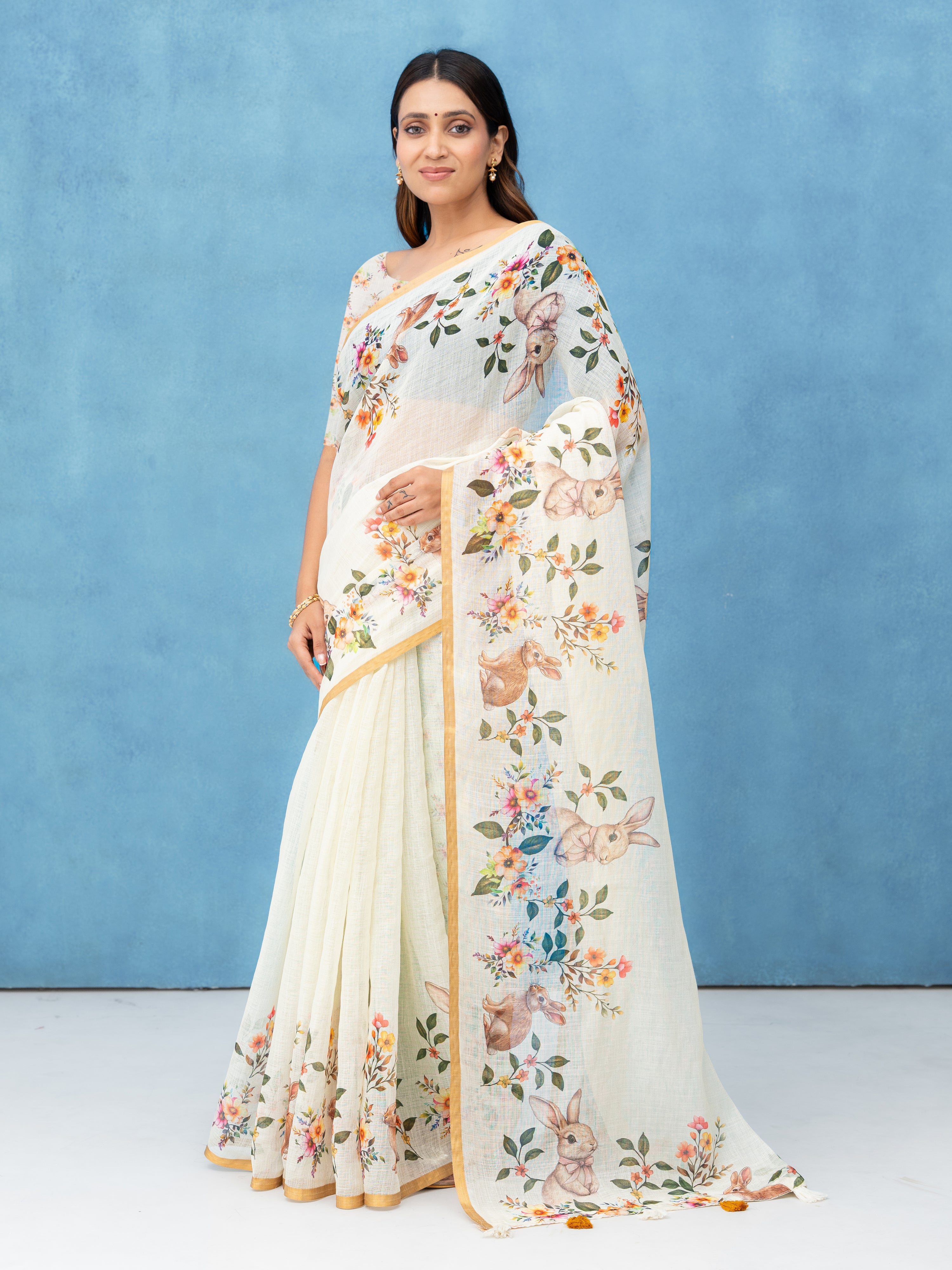 Off-White Cotton Linen Saree
