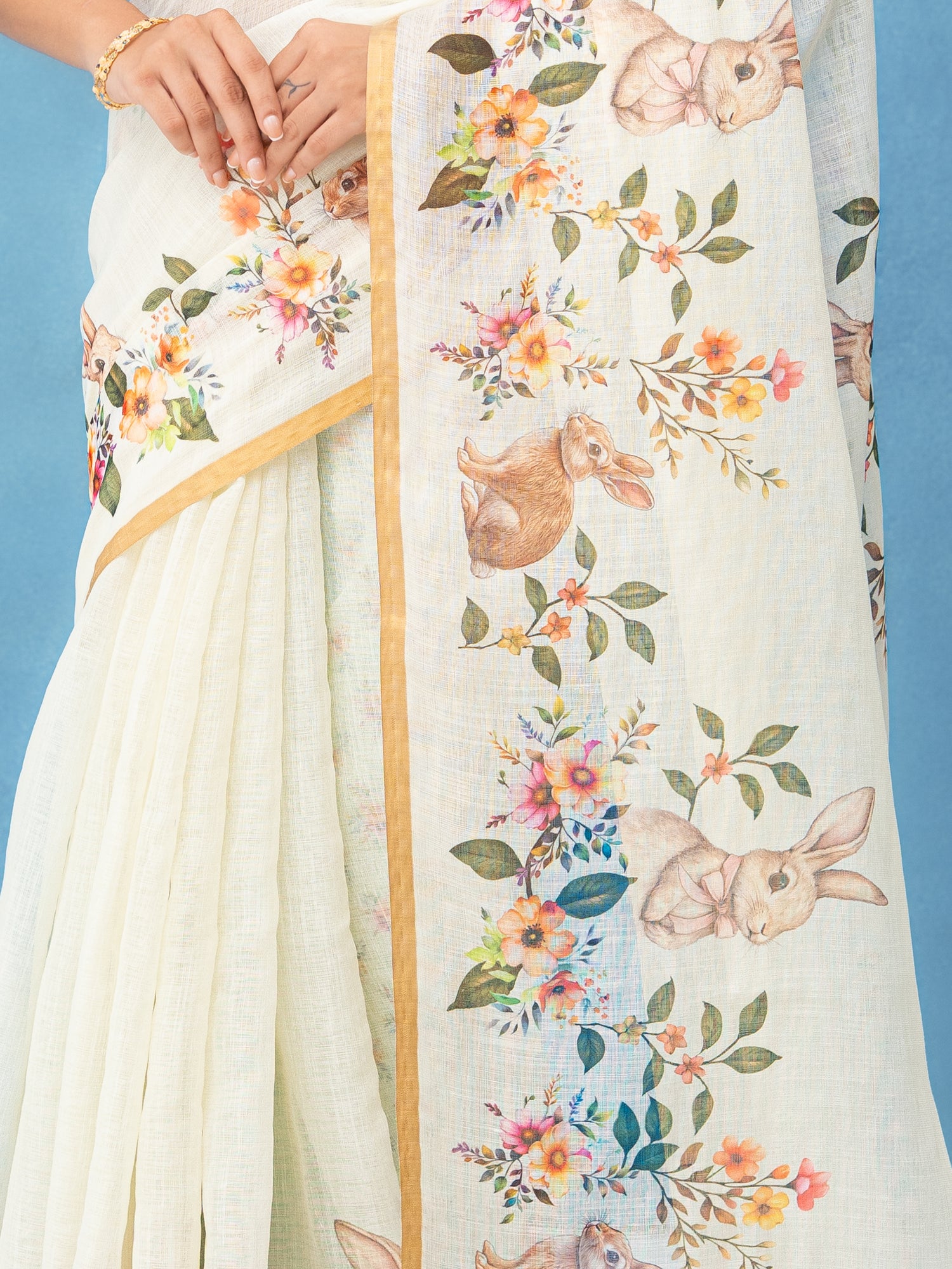 Off-White Cotton Linen Saree