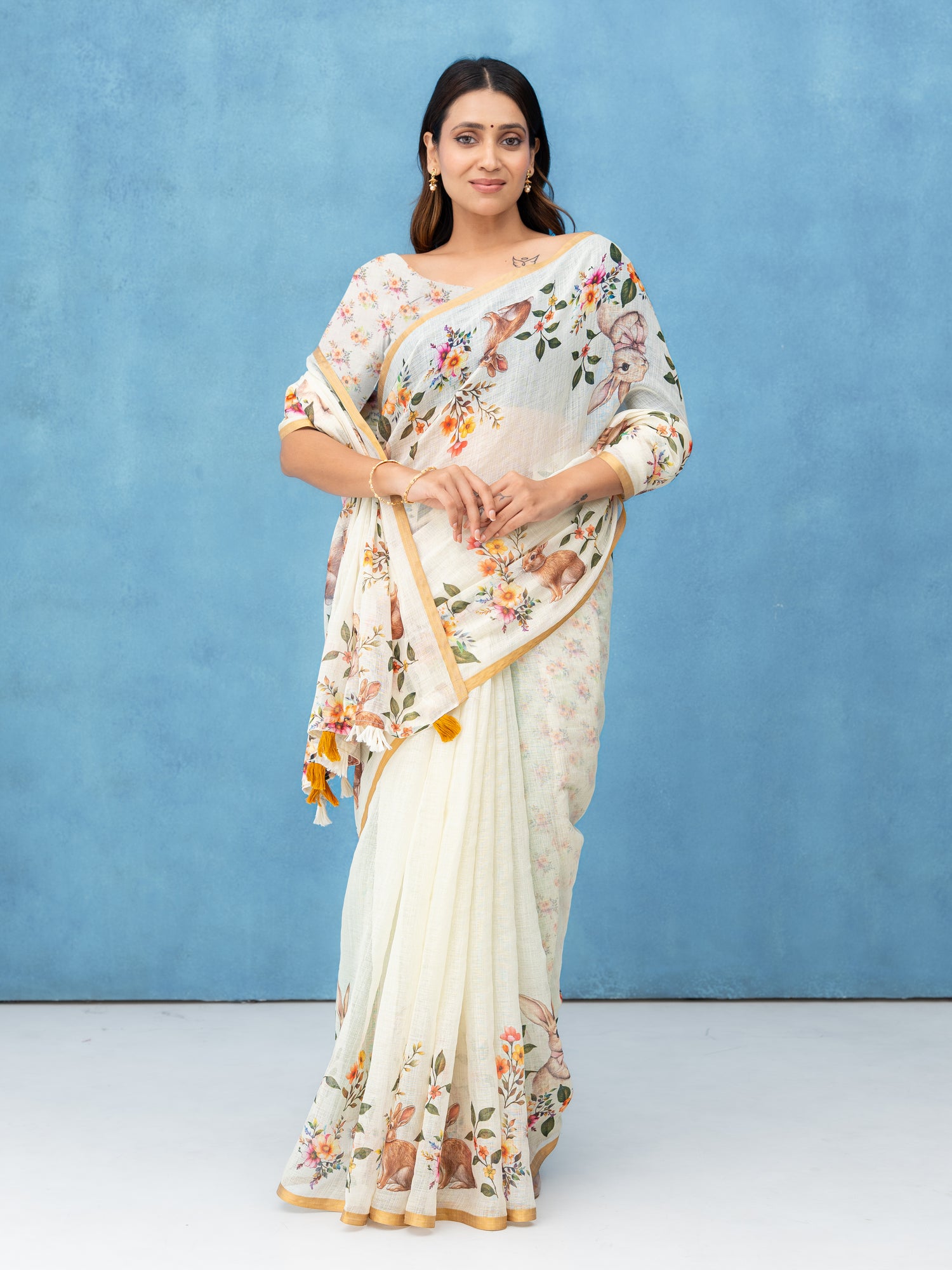Off-White Cotton Linen Saree