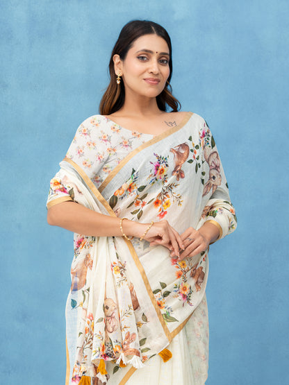 Off-White Cotton Linen Saree