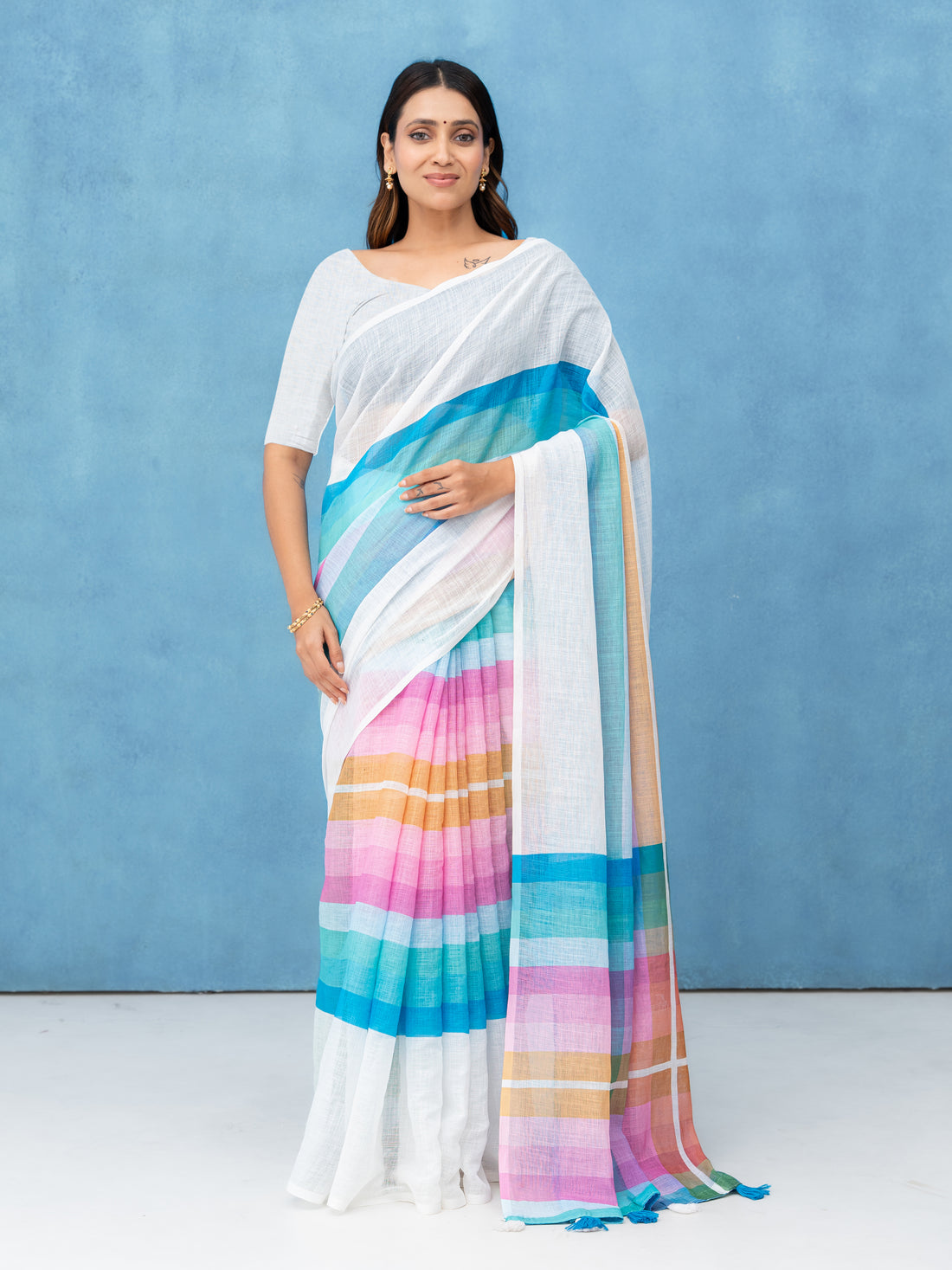 White Cotton Linen Saree