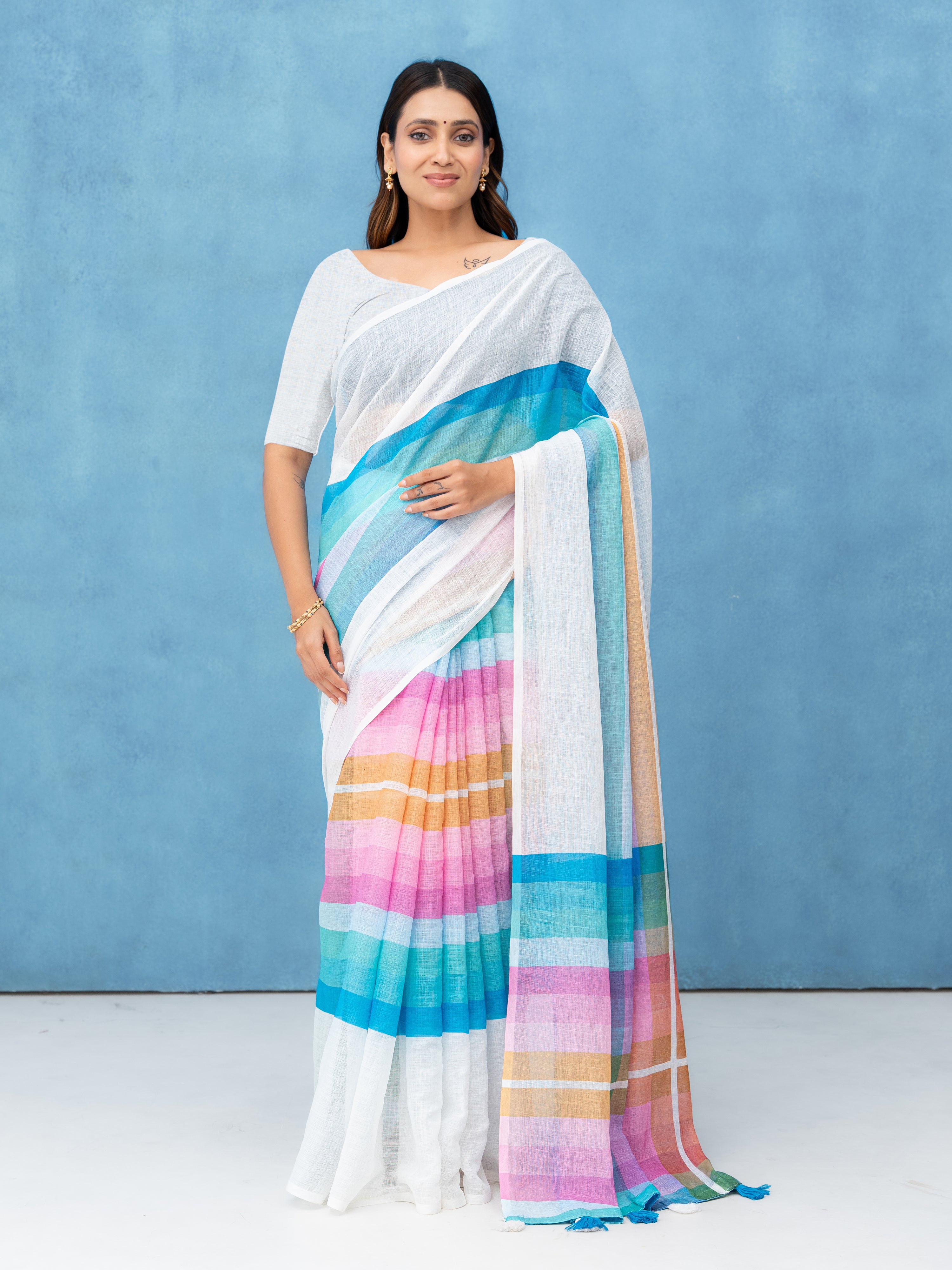 White Cotton Linen Saree