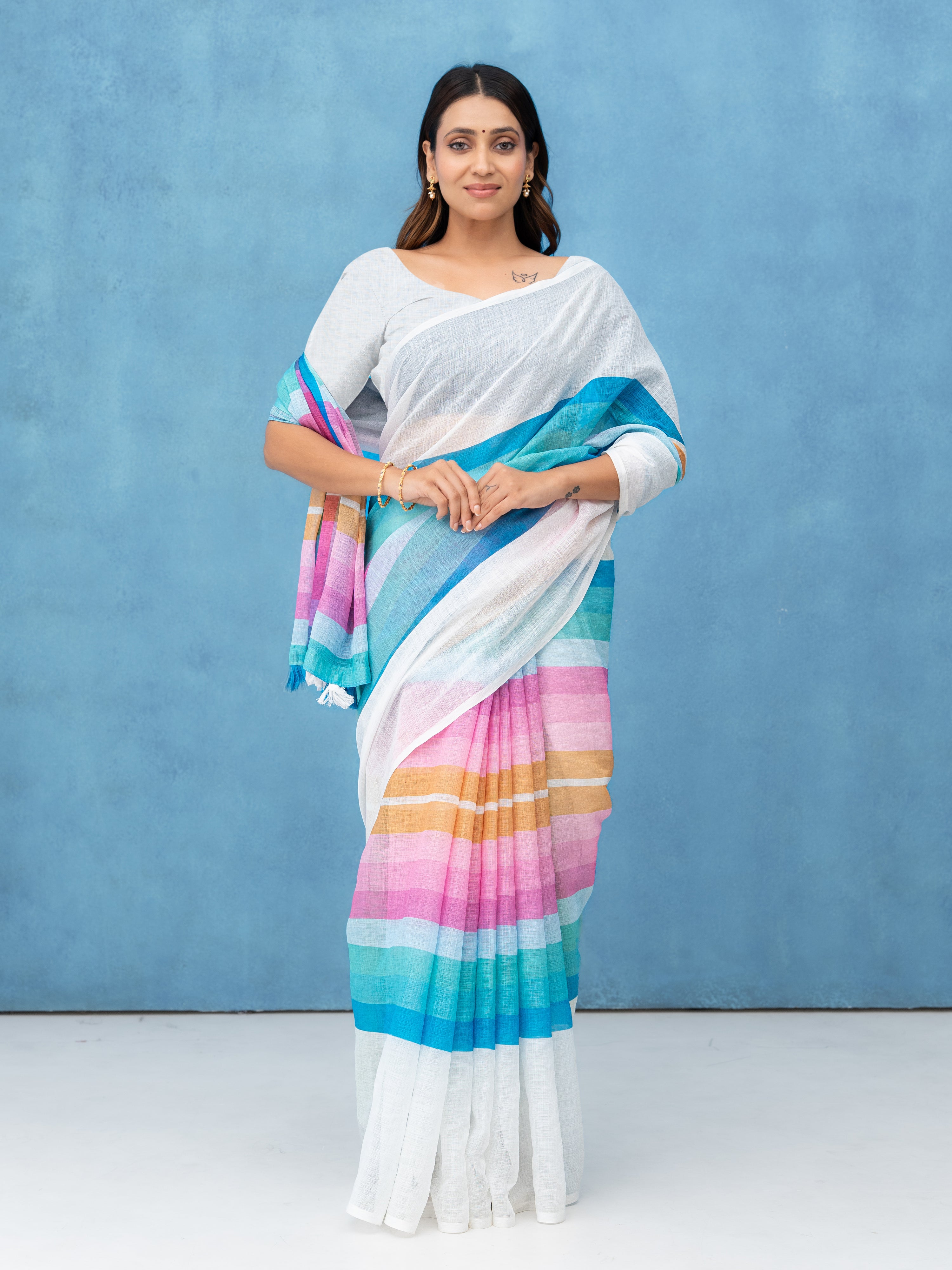White Cotton Linen Saree