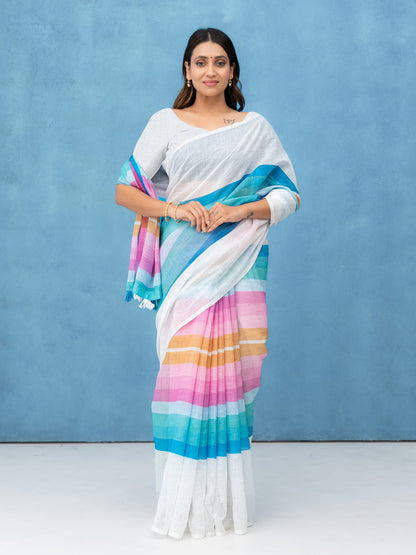 White Cotton Linen Saree