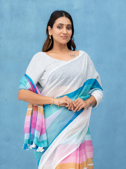 White Cotton Linen Saree