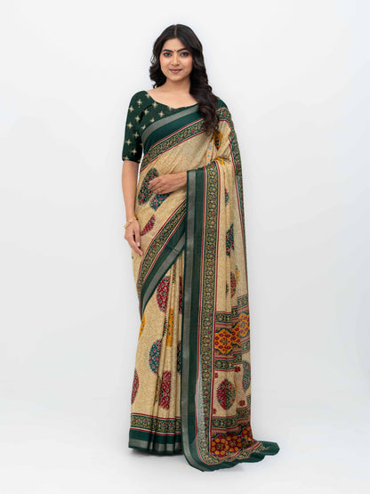 Beige &amp; Dark Green Mall Cotton Saree