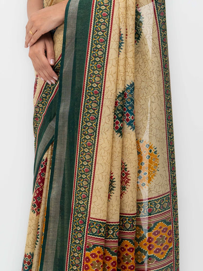 Beige &amp; Dark Green Mall Cotton Saree