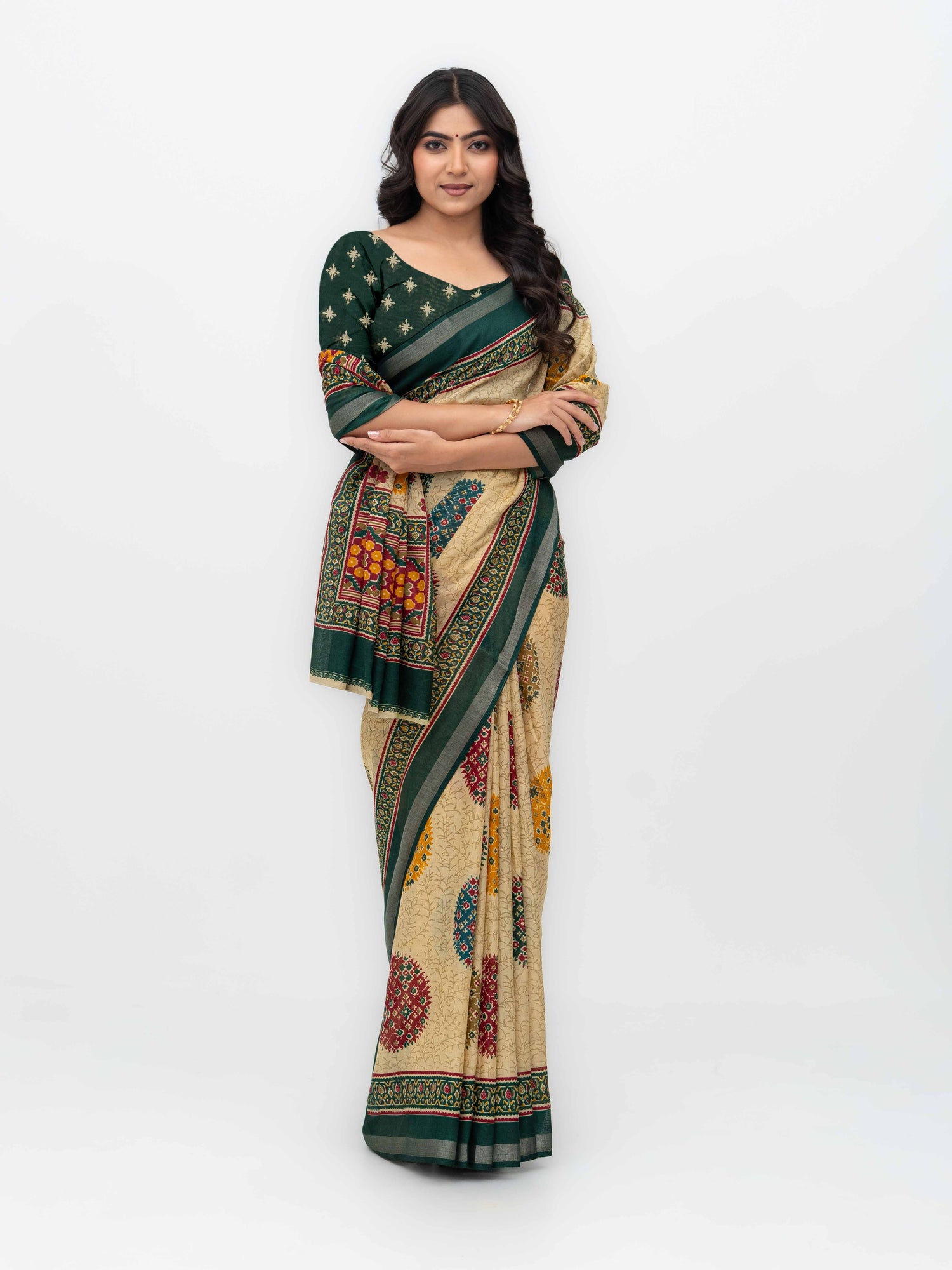 Beige &amp; Dark Green Mall Cotton Saree