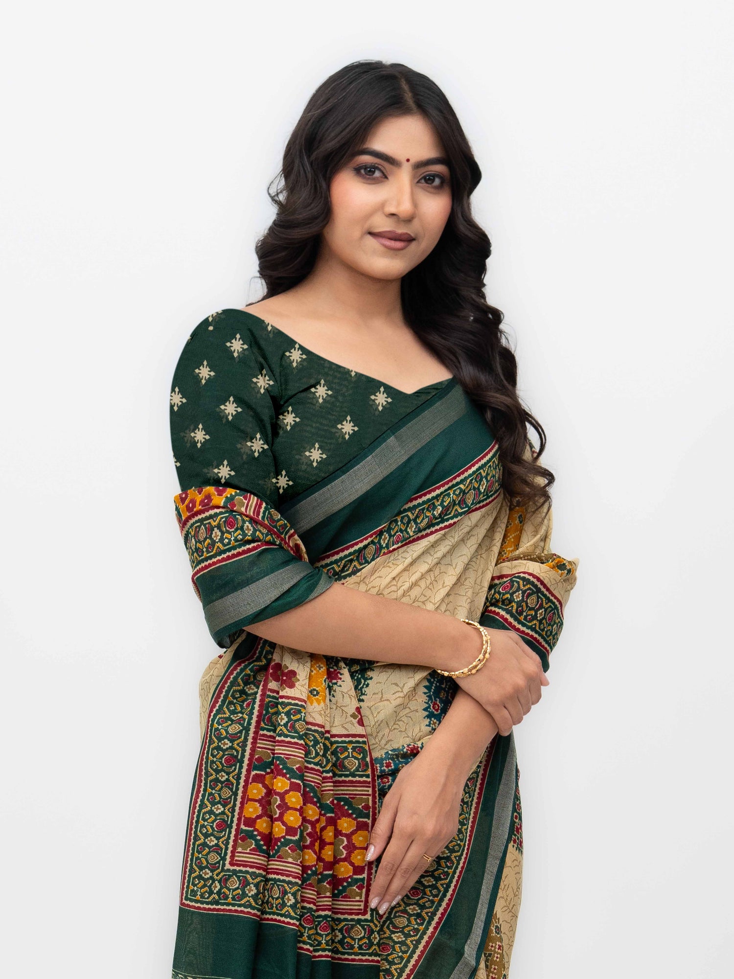 Beige &amp; Dark Green Mall Cotton Saree