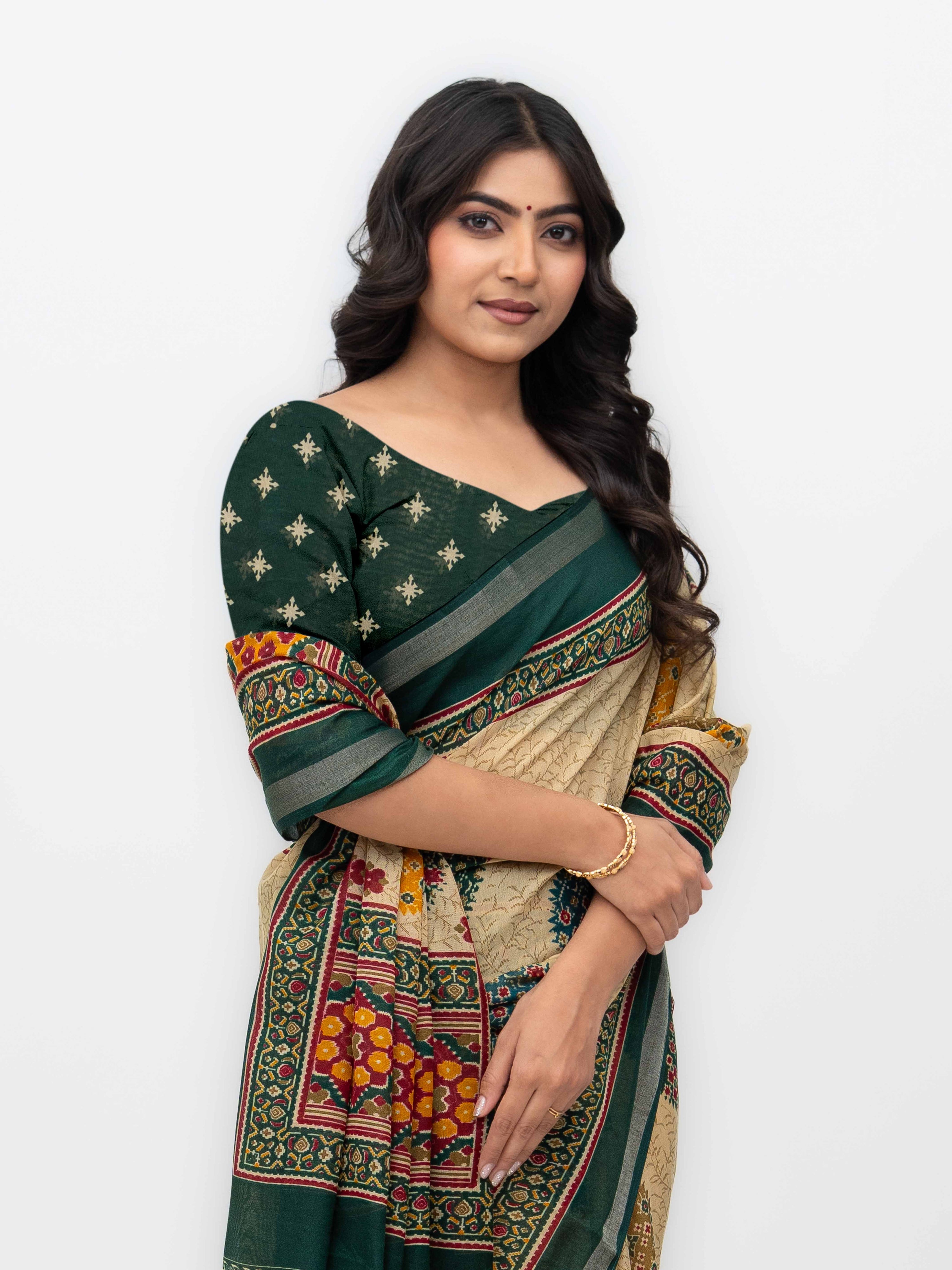 Beige &amp; Dark Green Mall Cotton Saree