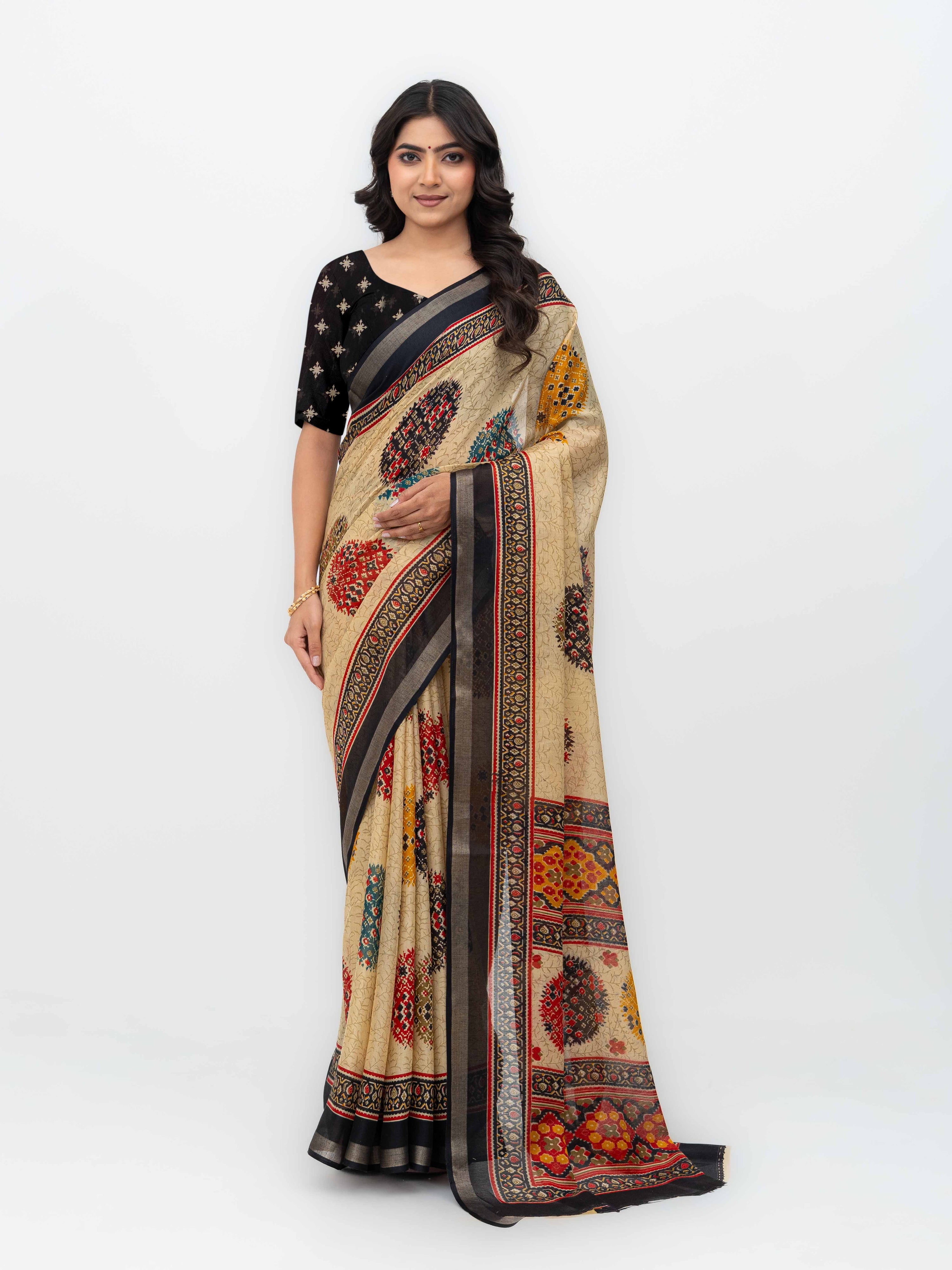 Beige &amp; Black Mall Cotton Saree