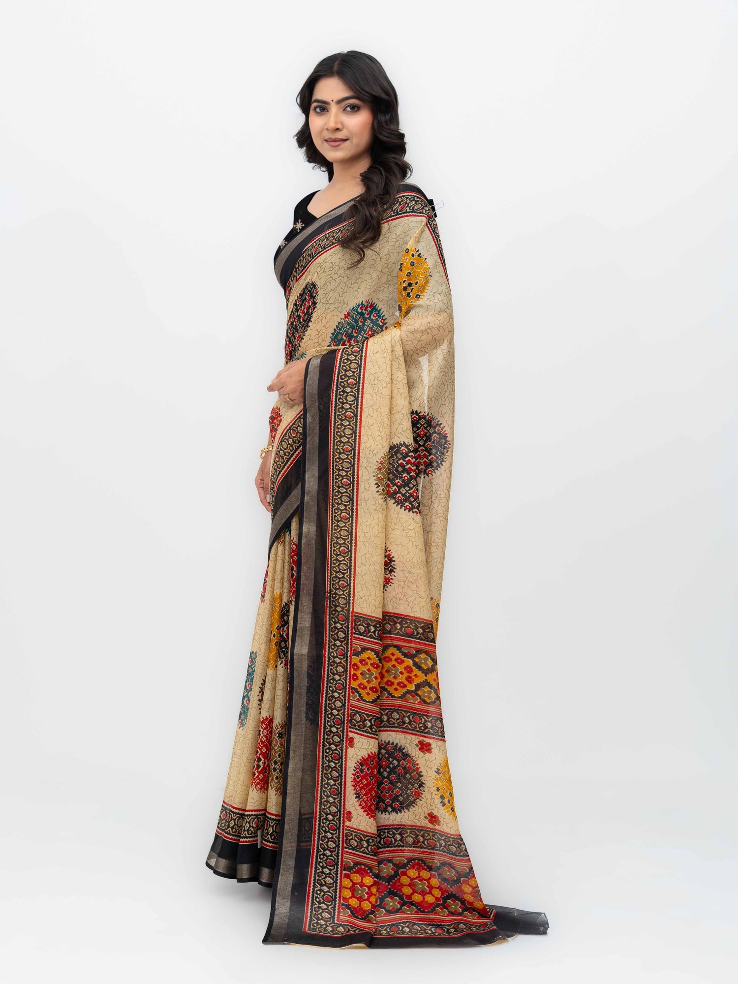 Beige &amp; Black Mall Cotton Saree