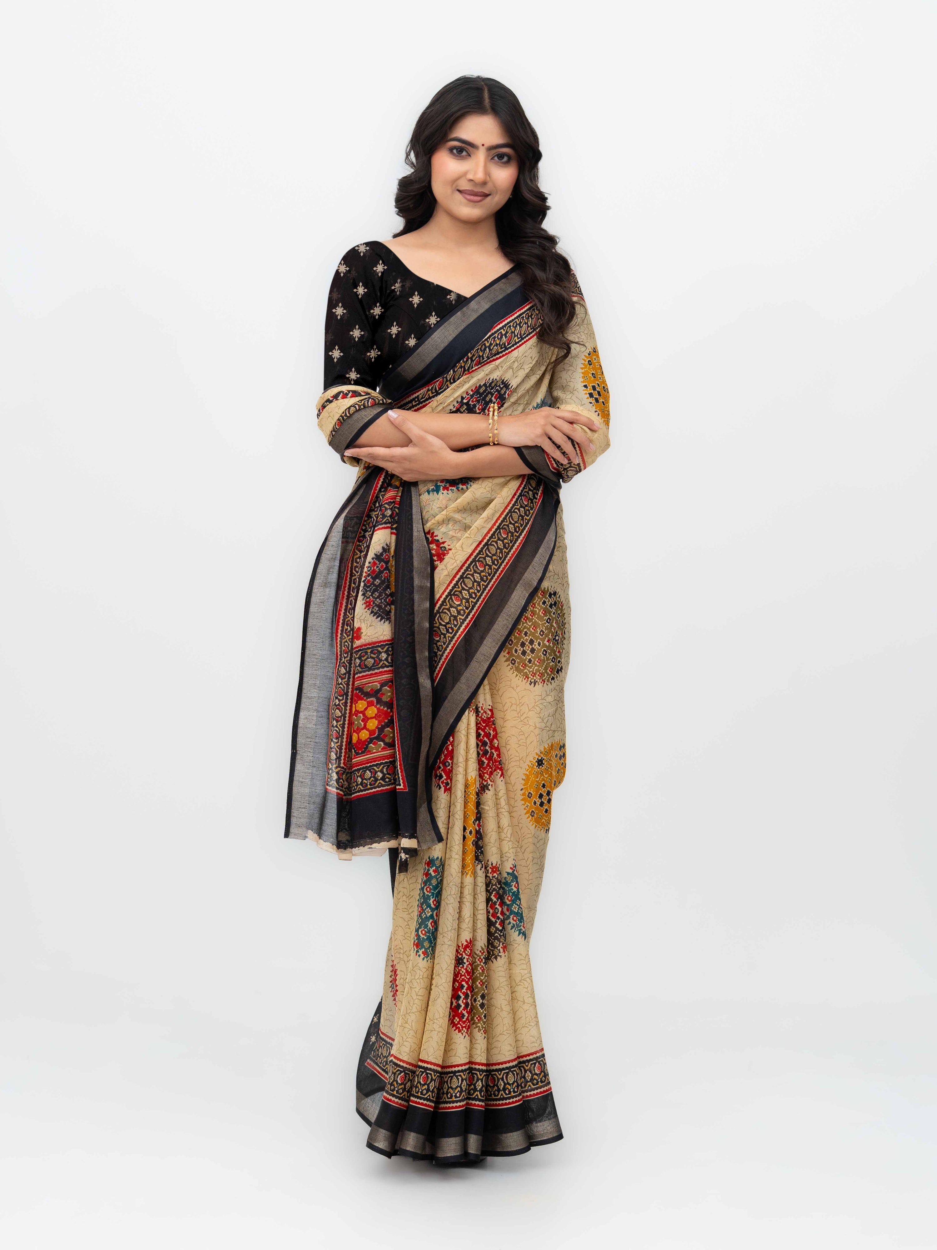Beige &amp; Black Mall Cotton Saree
