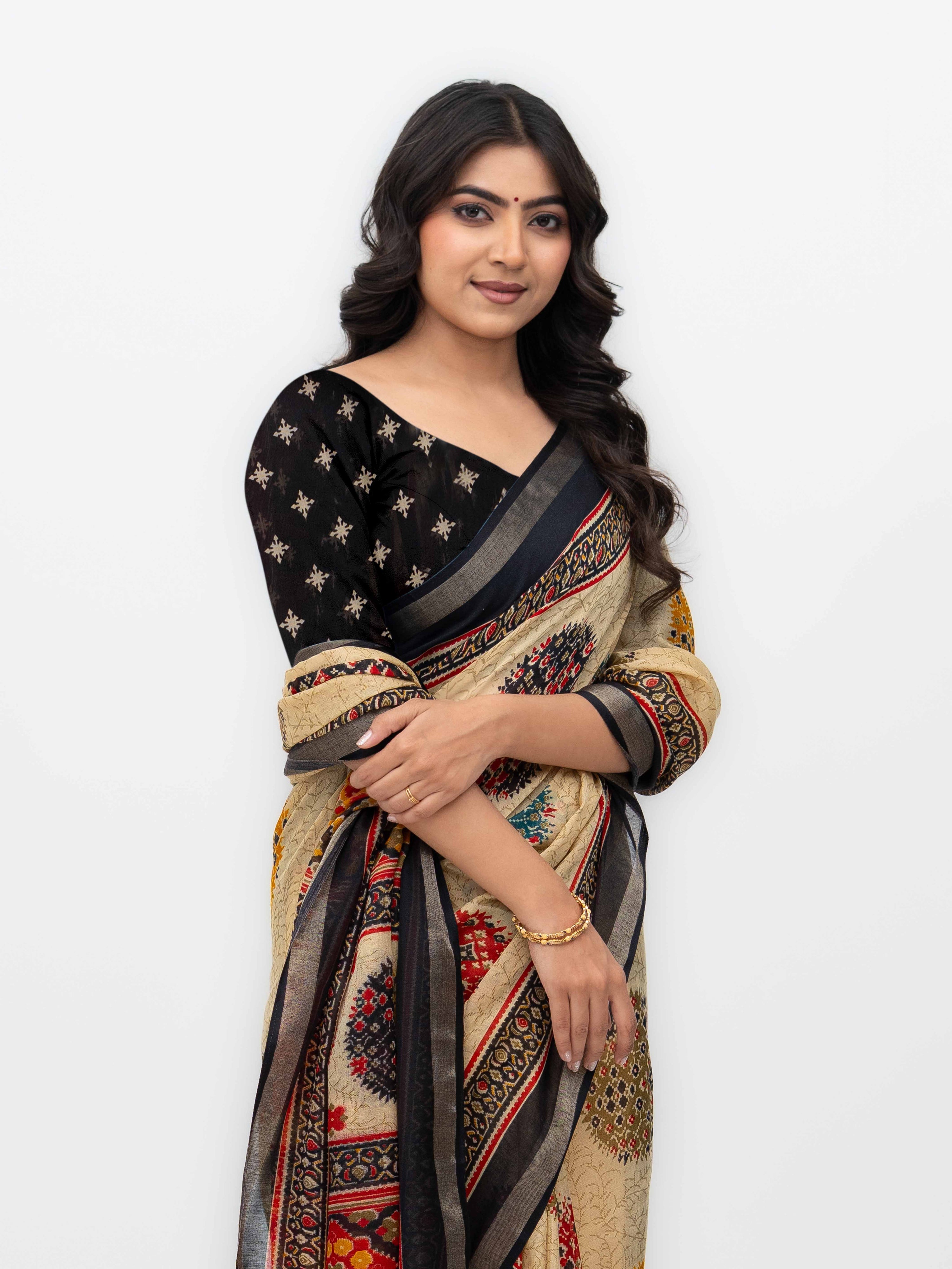 Beige &amp; Black Mall Cotton Saree
