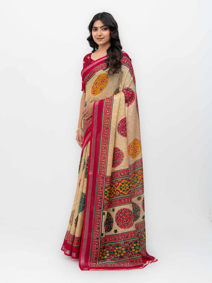 Beige &amp; Pink Mall Cotton Saree
