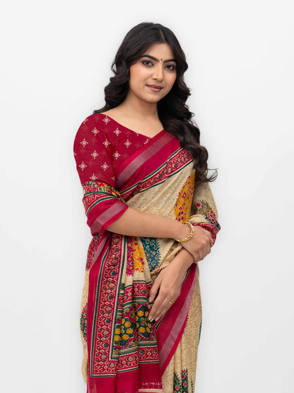Beige &amp; Pink Mall Cotton Saree