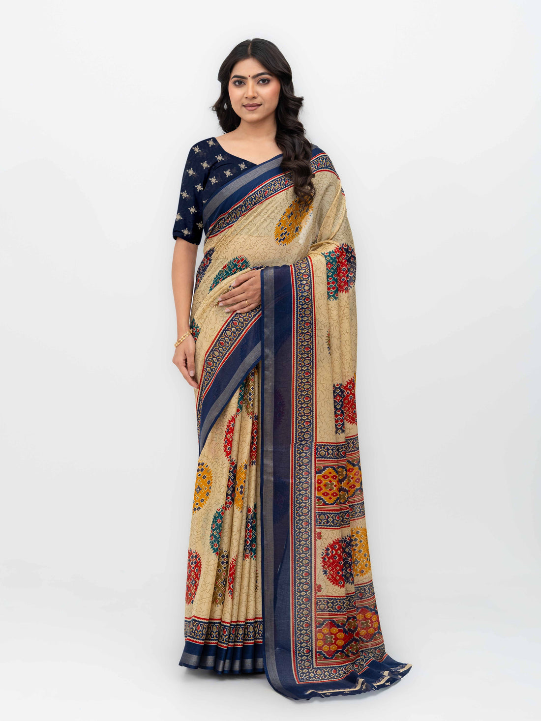 Beige &amp; Navy Blue Mall Cotton Saree