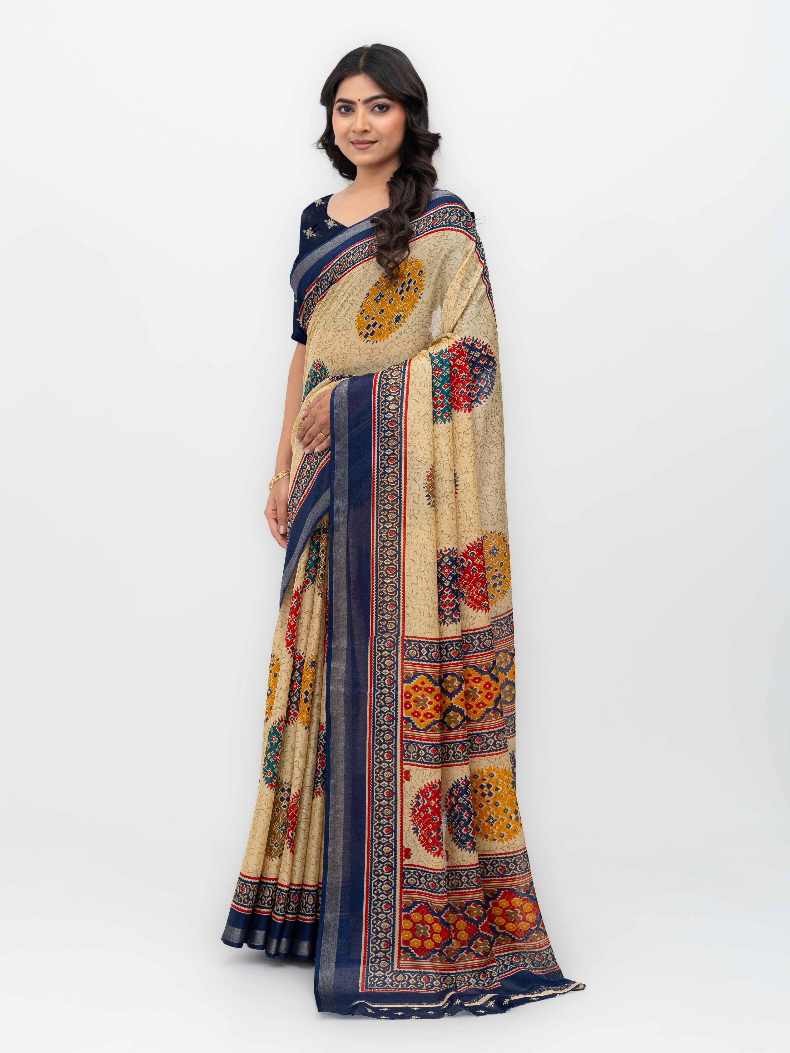 Beige &amp; Navy Blue Mall Cotton Saree